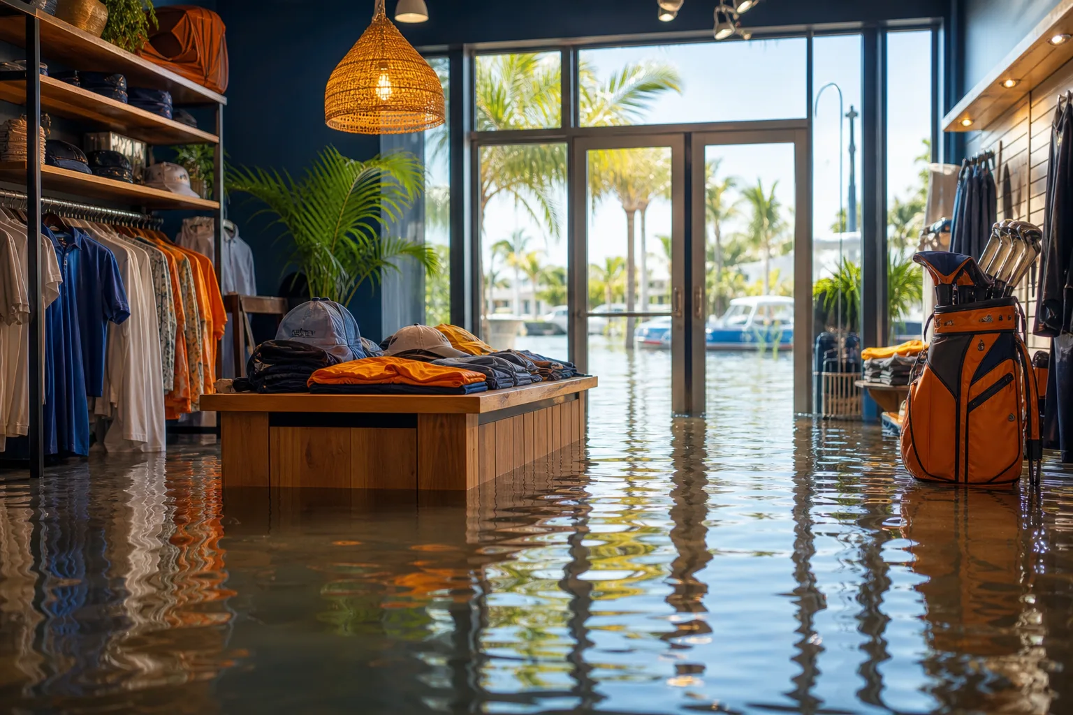 Flooded golf/sportswear retail shop with water covering floor, submerging display table, clothing racks, golf bag, near waterfront.