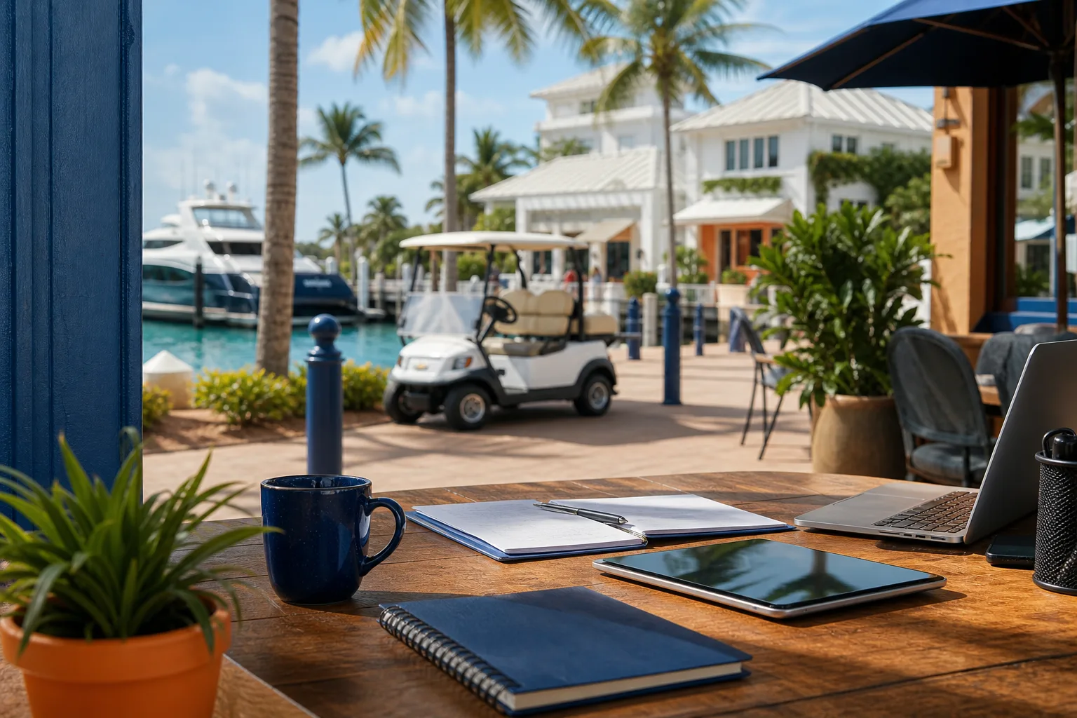 Outdoor waterfront desk with laptop, tablet, notebook, and coffee mug; marina, golf cart, and tropical buildings in background.
