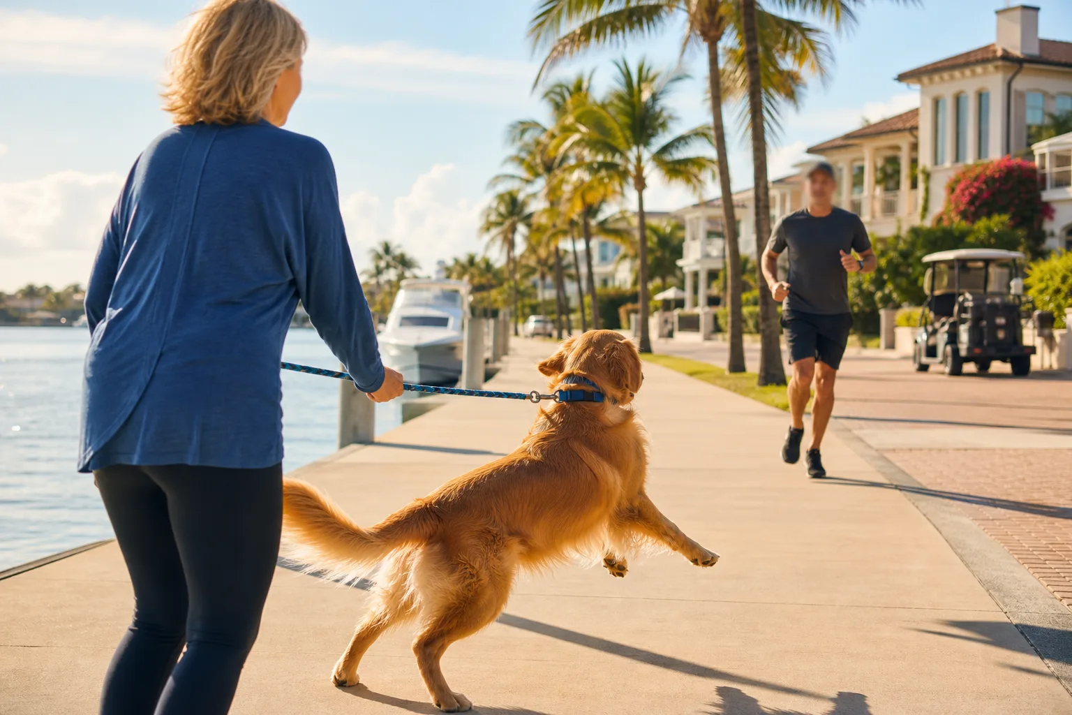 Golden retriever on blue leash lunging toward a jogger on a sunny waterfront sidewalk lined with palm trees and luxury homes.