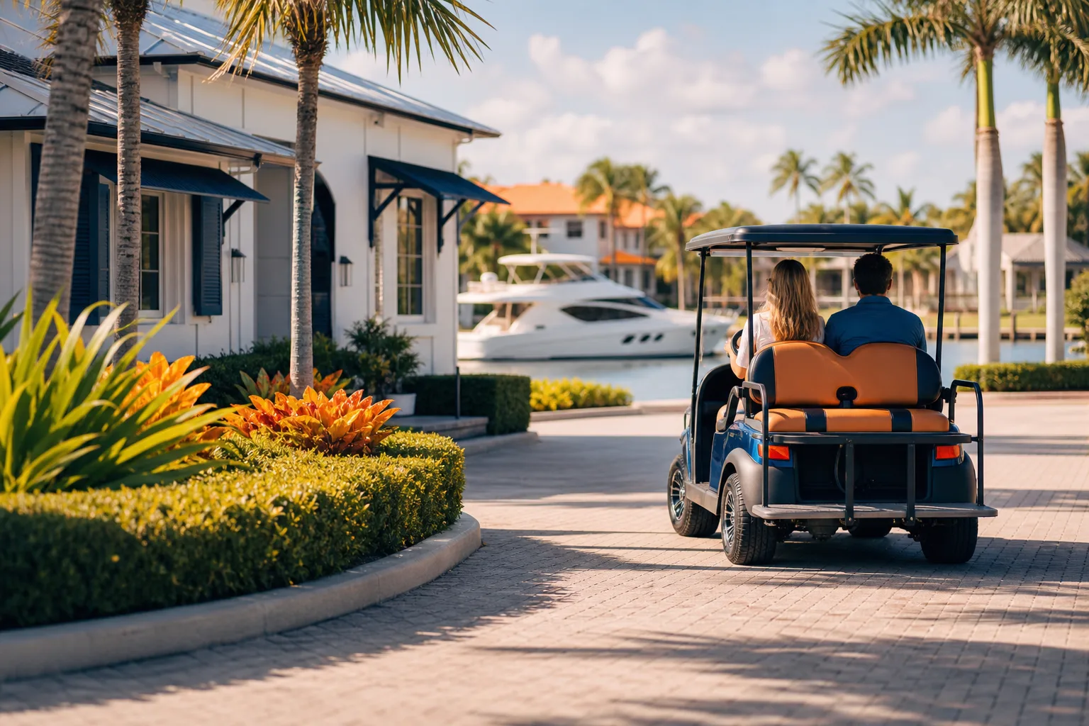 Two people ride a blue and tan golf cart along a paver driveway past a waterfront luxury home with a yacht in background.