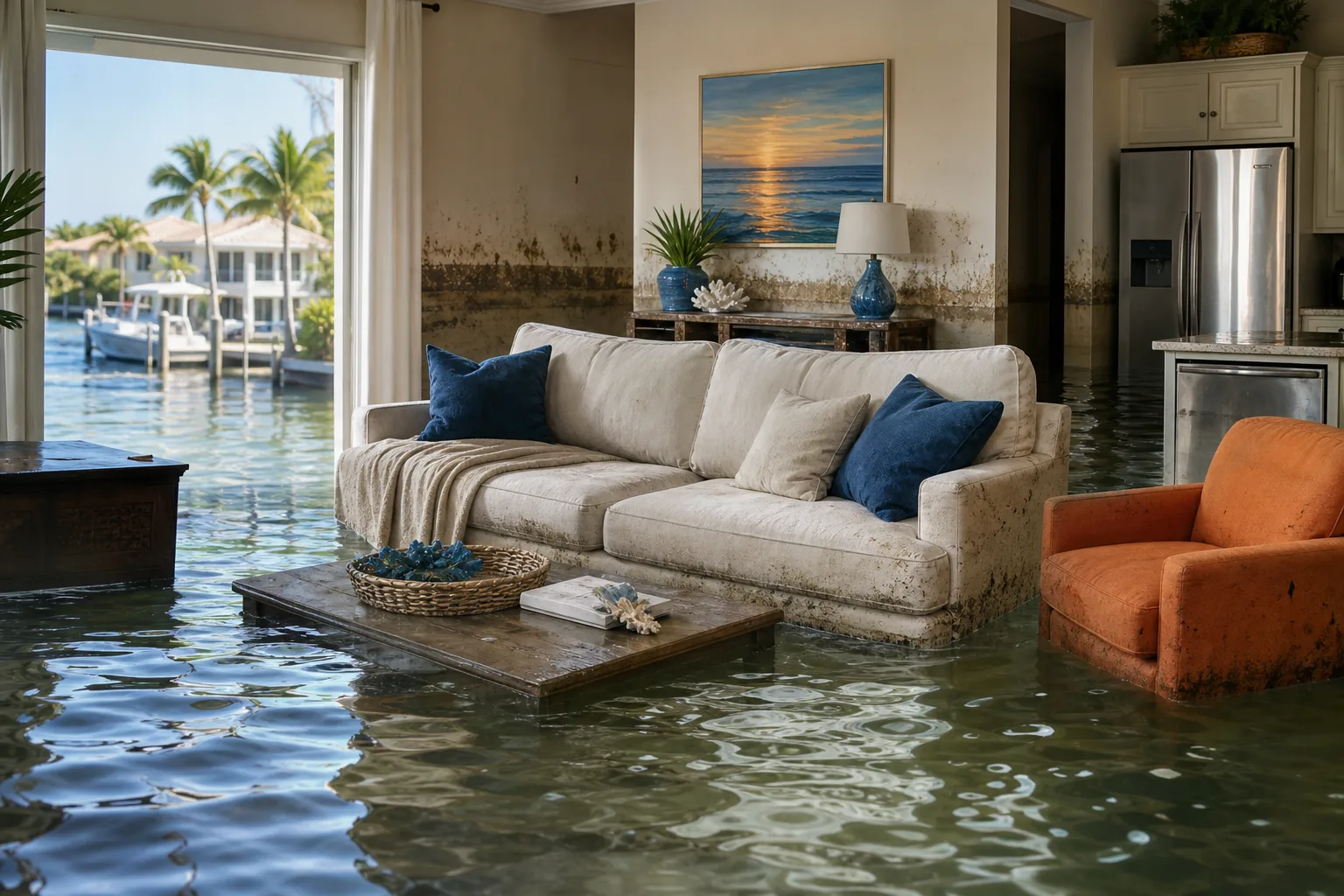 Flooded Florida living room with water-covered floor, damaged sofa, orange chair, coffee table, and partially submerged appliances.