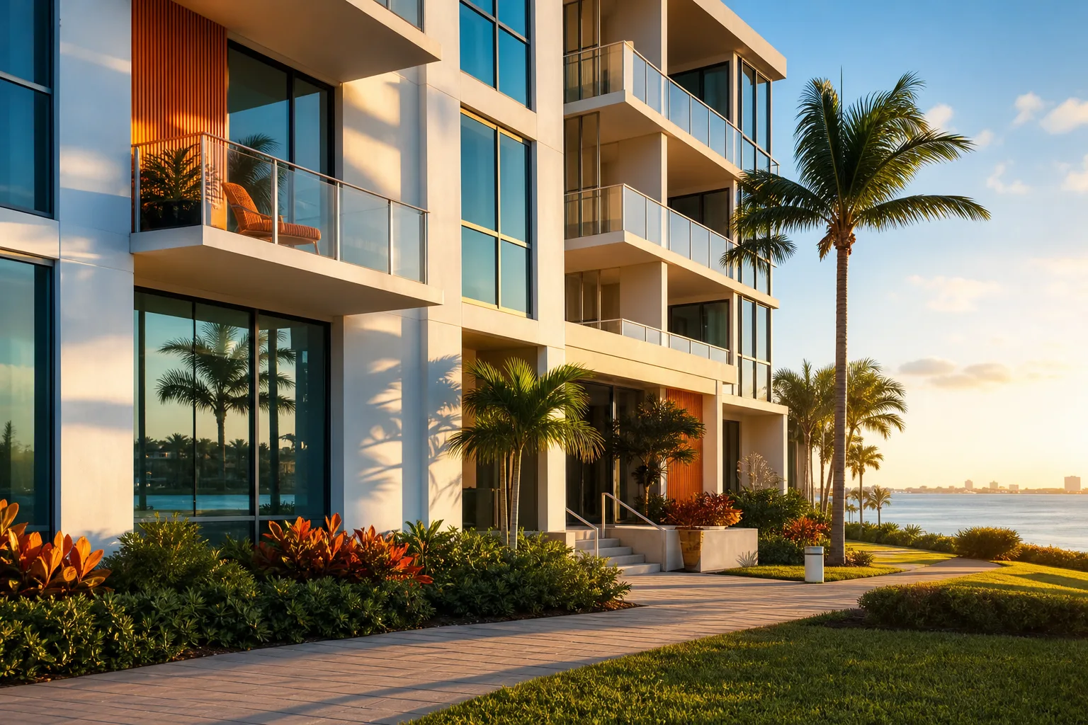 Modern Florida waterfront condo building with glass balconies, palm trees, tropical landscaping, and golden sunset light.