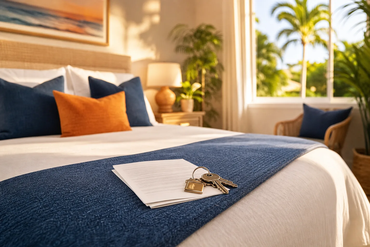 Tropical-style bedroom with navy and orange pillows, keys and blank paper on blue bed runner, palm trees visible through window