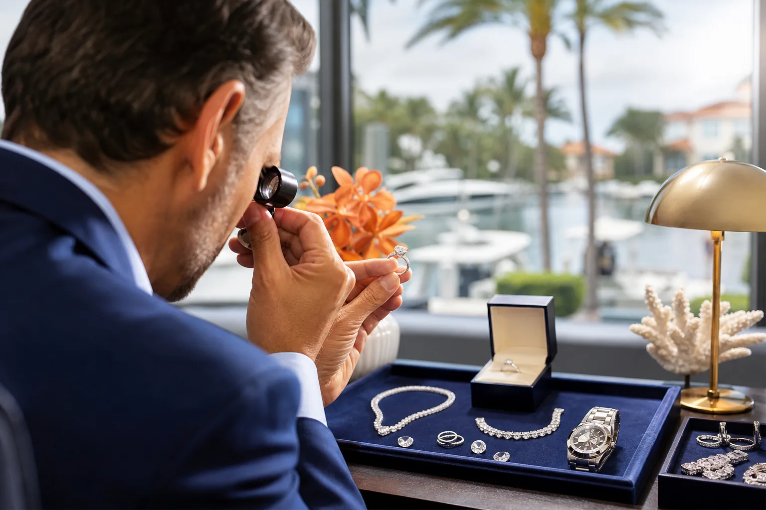 Jeweler in blue suit examines diamond ring with loupe over velvet tray of necklaces, watch, and gems near marina window.
