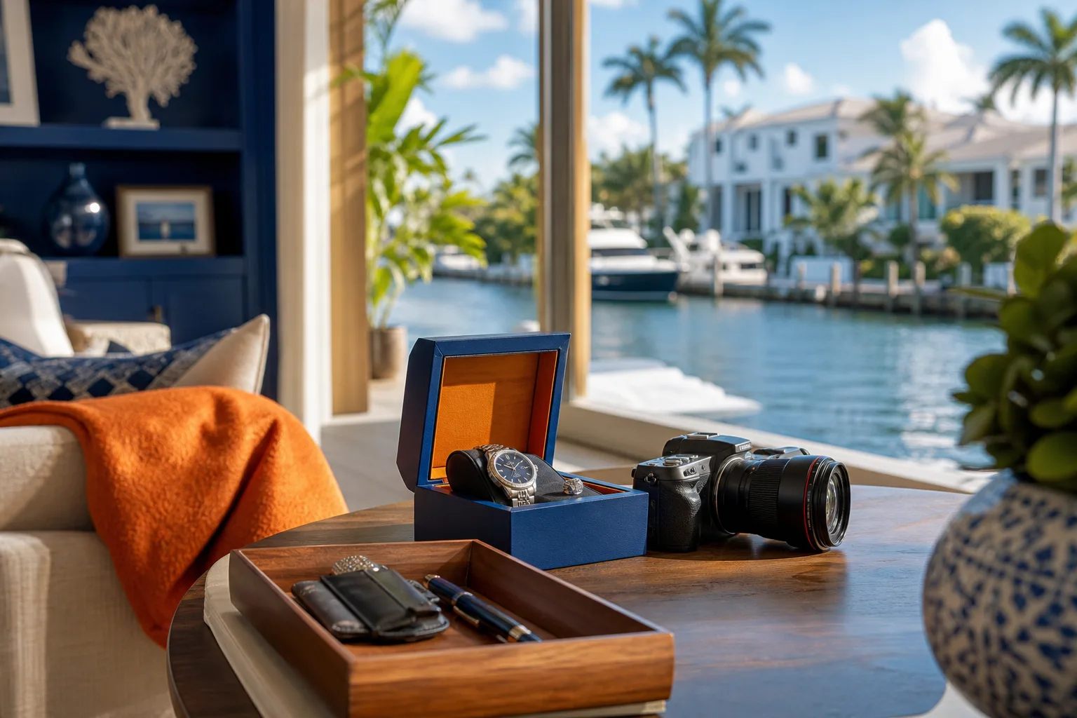 Watch in blue jewelry box, DSLR camera, wallet, and pen on wooden tray in luxury waterfront Florida home interior.