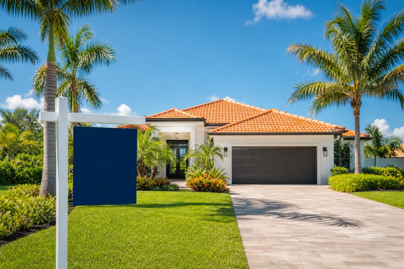 Florida single-family home with terracotta roof, dark garage door, paver driveway, palm trees, lush lawn, and blank navy for-sale sign.