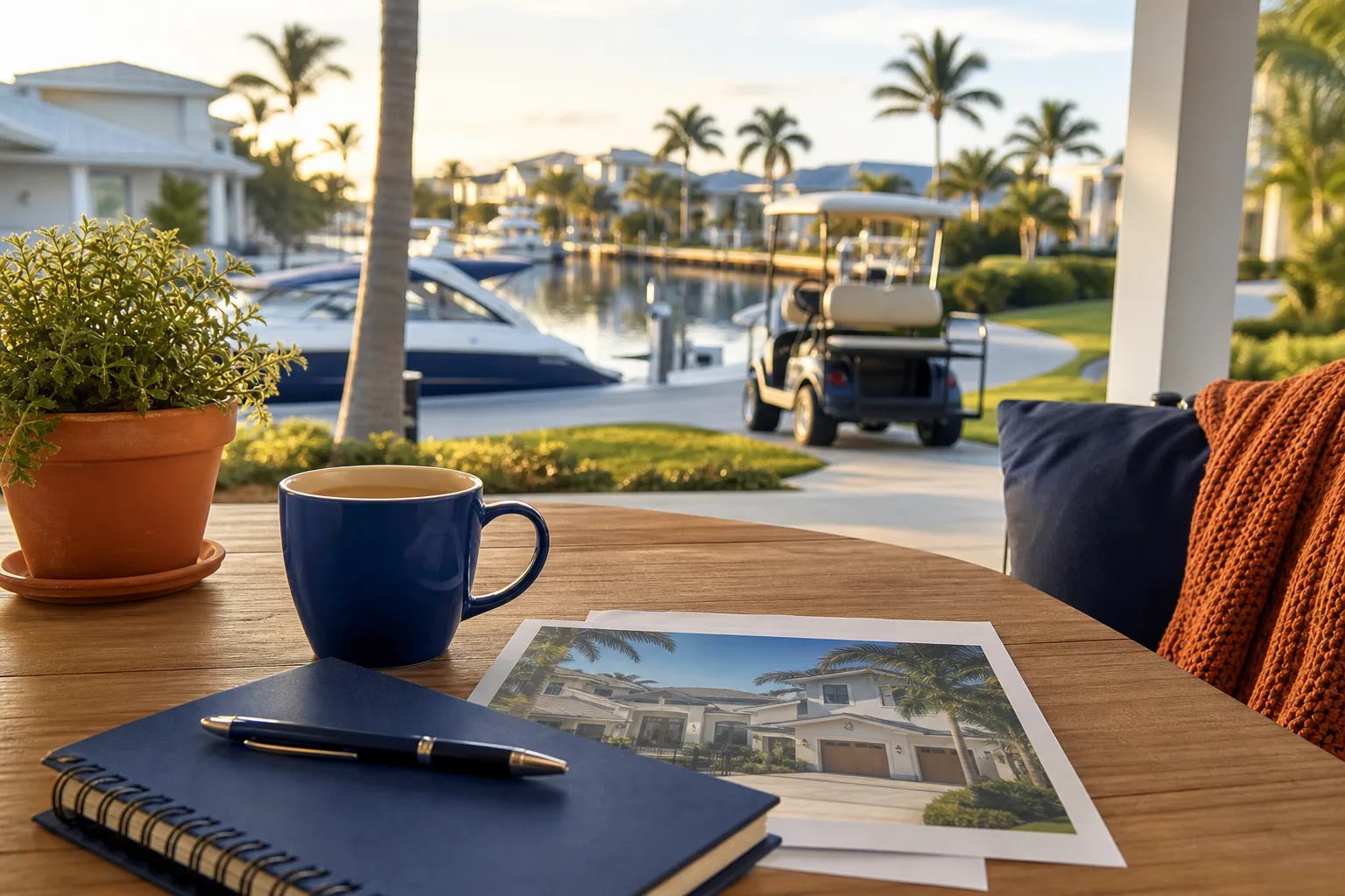 Outdoor patio table with coffee mug, notebook, pen, and house brochure overlooking marina with boats, golf cart, and palm trees.