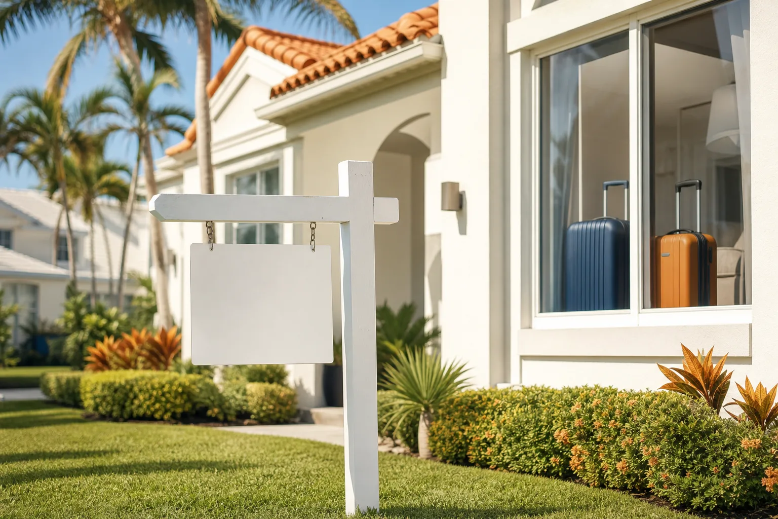 Blank white real estate sign in front of a Florida-style home with two suitcases visible through a window.