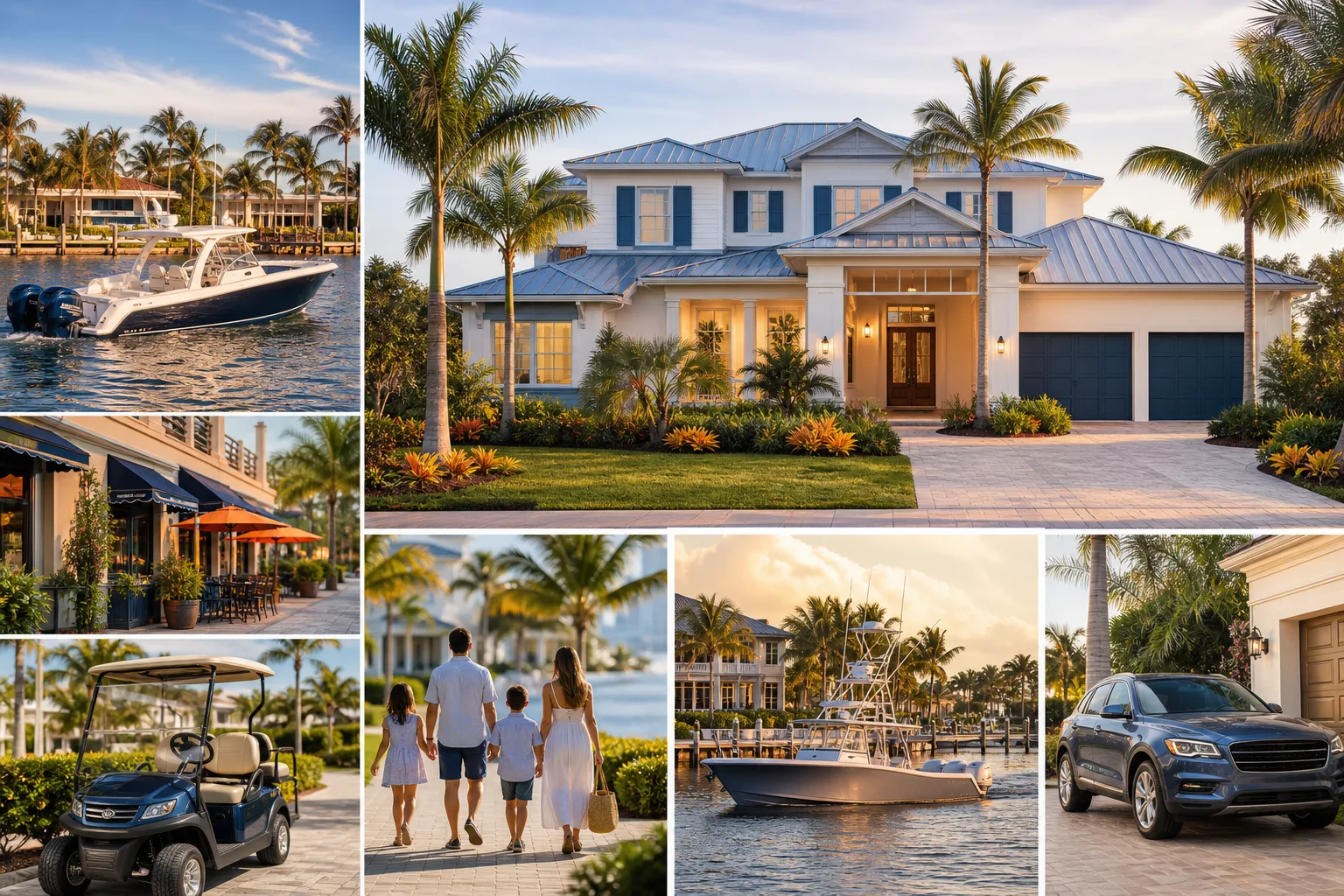 Collage of Florida luxury home, speedboats, golf cart, SUV, outdoor dining, and family walking near waterfront.
