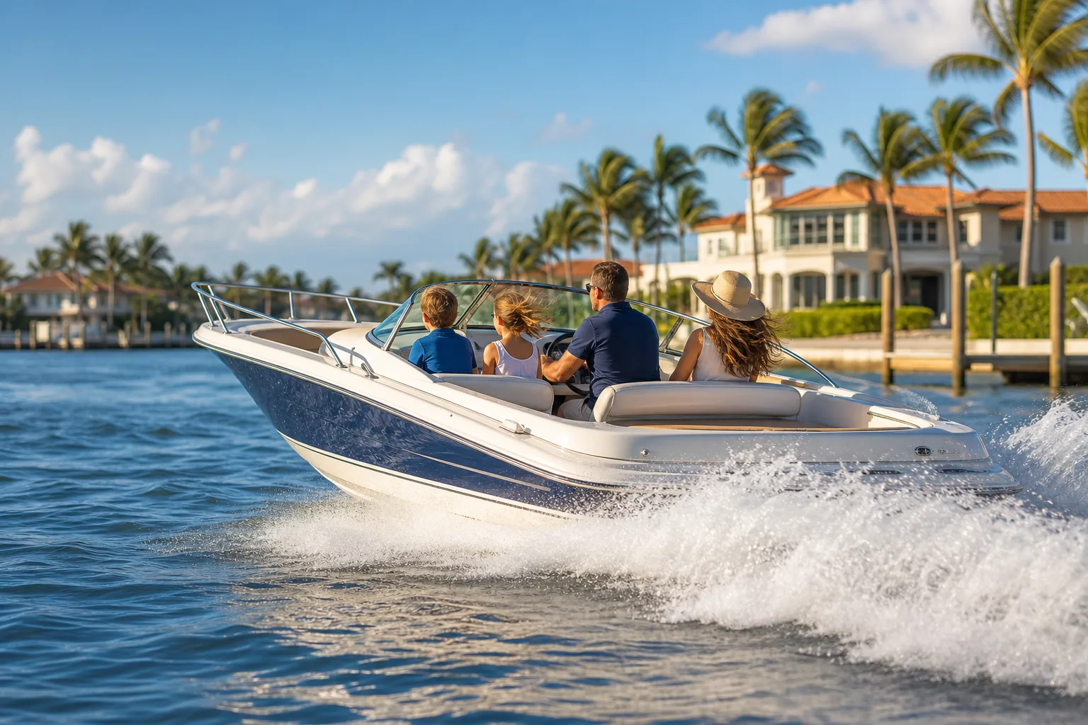 Family of four riding a blue-and-white speedboat through calm water near luxury waterfront homes with palm trees.