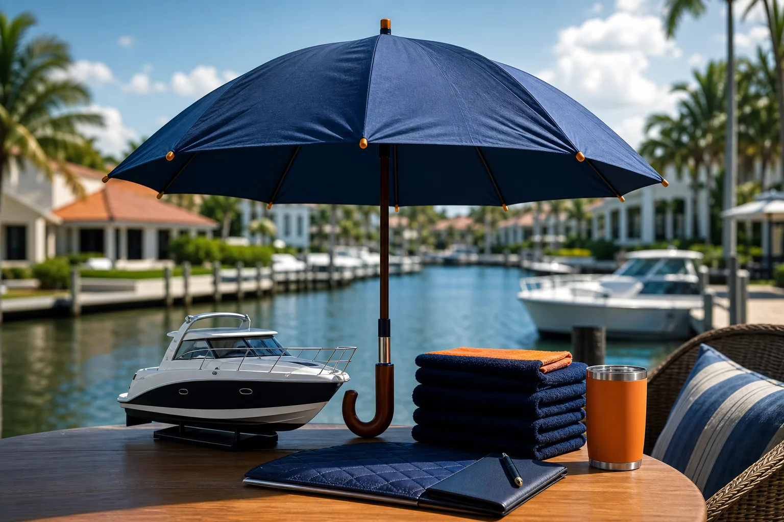 Navy umbrella sheltering a boat model, towels, tumbler, and document folder on a waterfront patio with yachts in background.