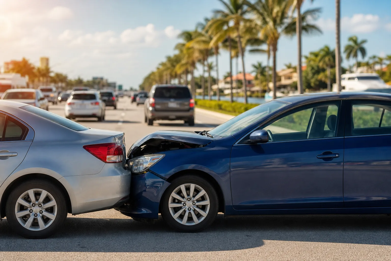Two sedans in a rear-end collision on a palm-lined Florida highway; blue car's front crumpled into silver car's rear.