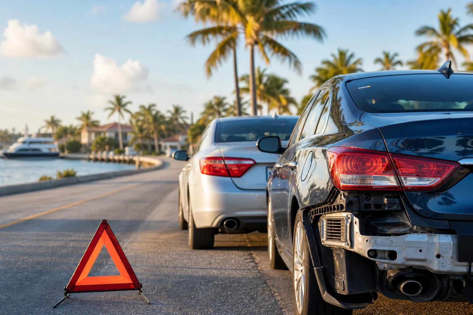 Rear-end collision between black and silver sedans on a Florida coastal road, with a red warning triangle placed on the pavement.