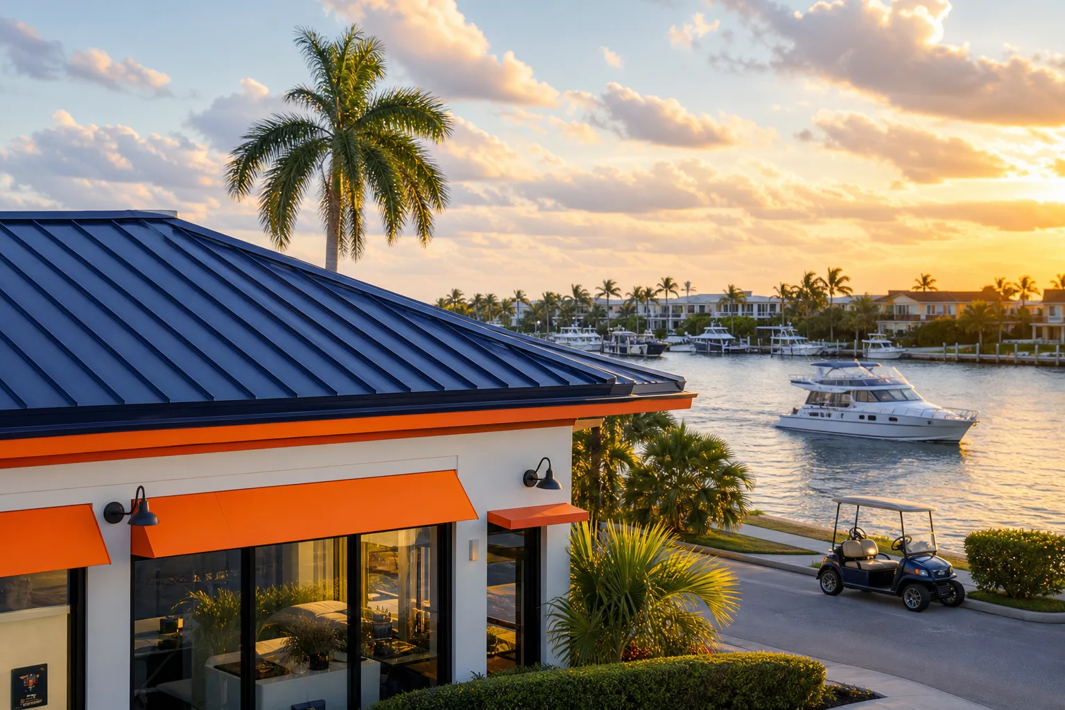 Waterfront commercial building with orange awnings, palm trees, a boat, and a golf cart at sunset.