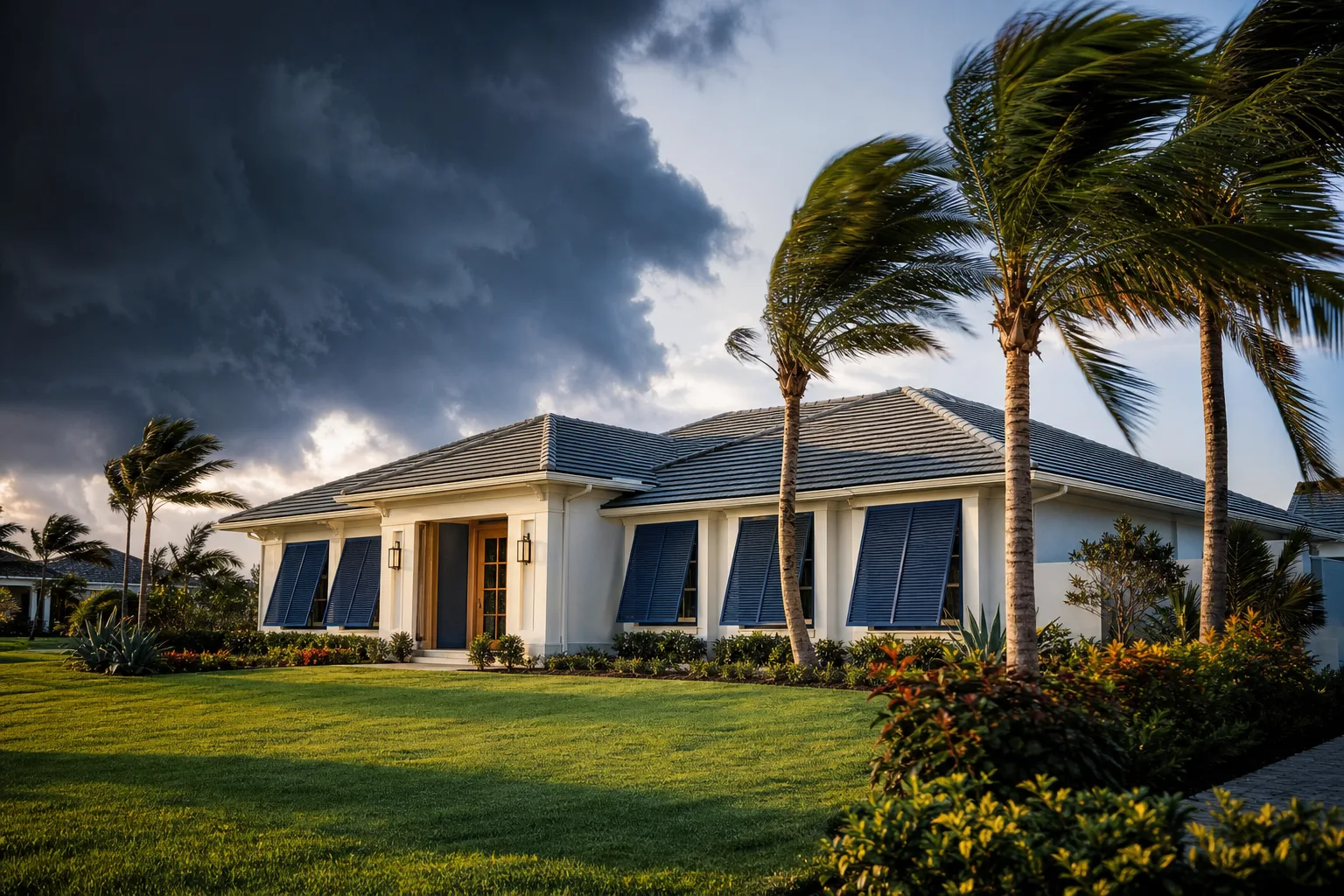 White Florida home with hip roof and blue hurricane shutters, palm trees bending in wind under dark storm clouds.