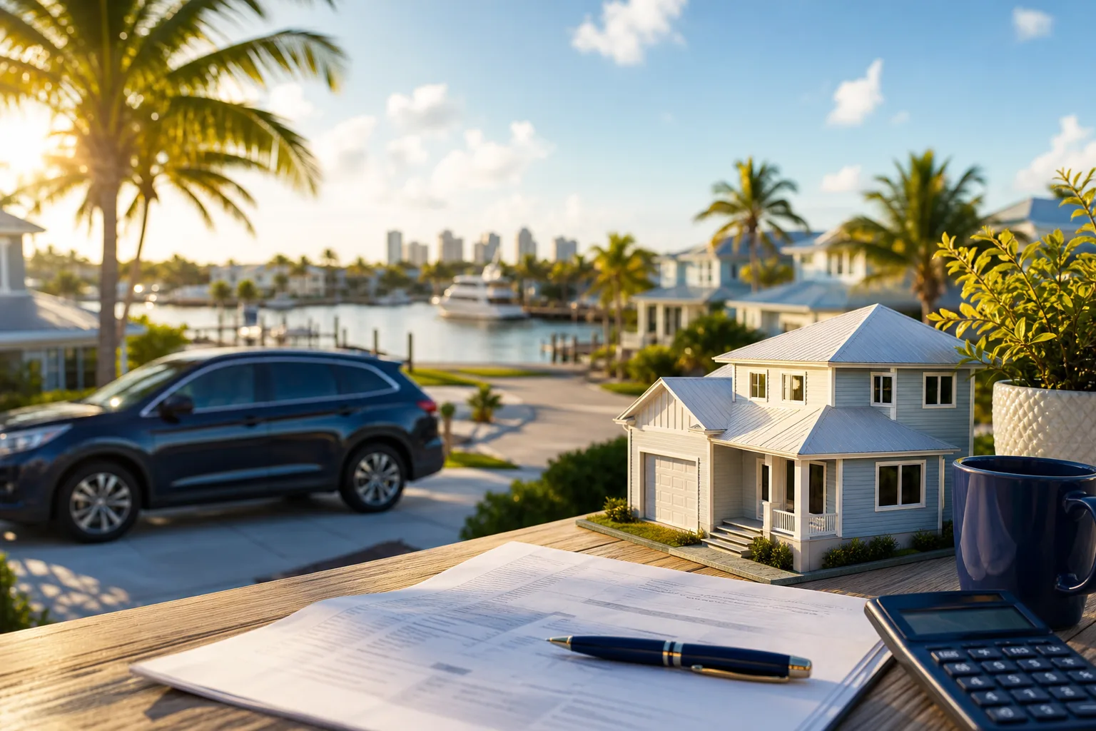 Miniature house model, documents, pen, and calculator on outdoor table with waterfront Florida neighborhood and SUV in background.