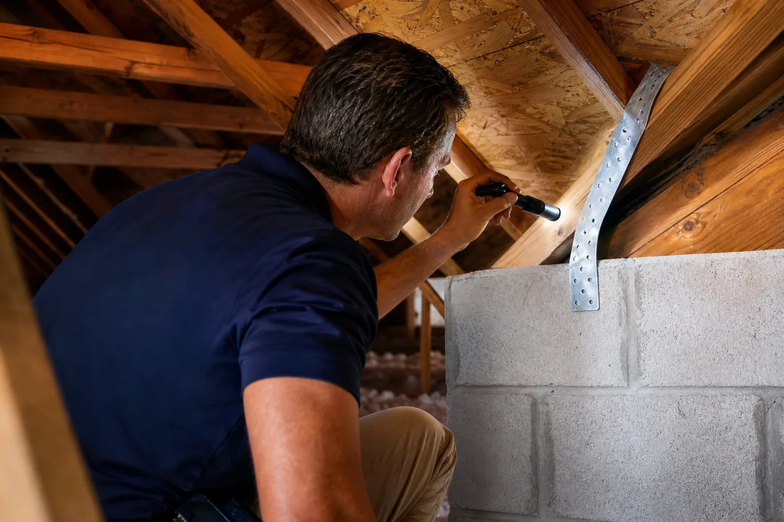 Home inspector crouches in attic using flashlight to examine metal hurricane strap connecting roof truss to concrete block wall.