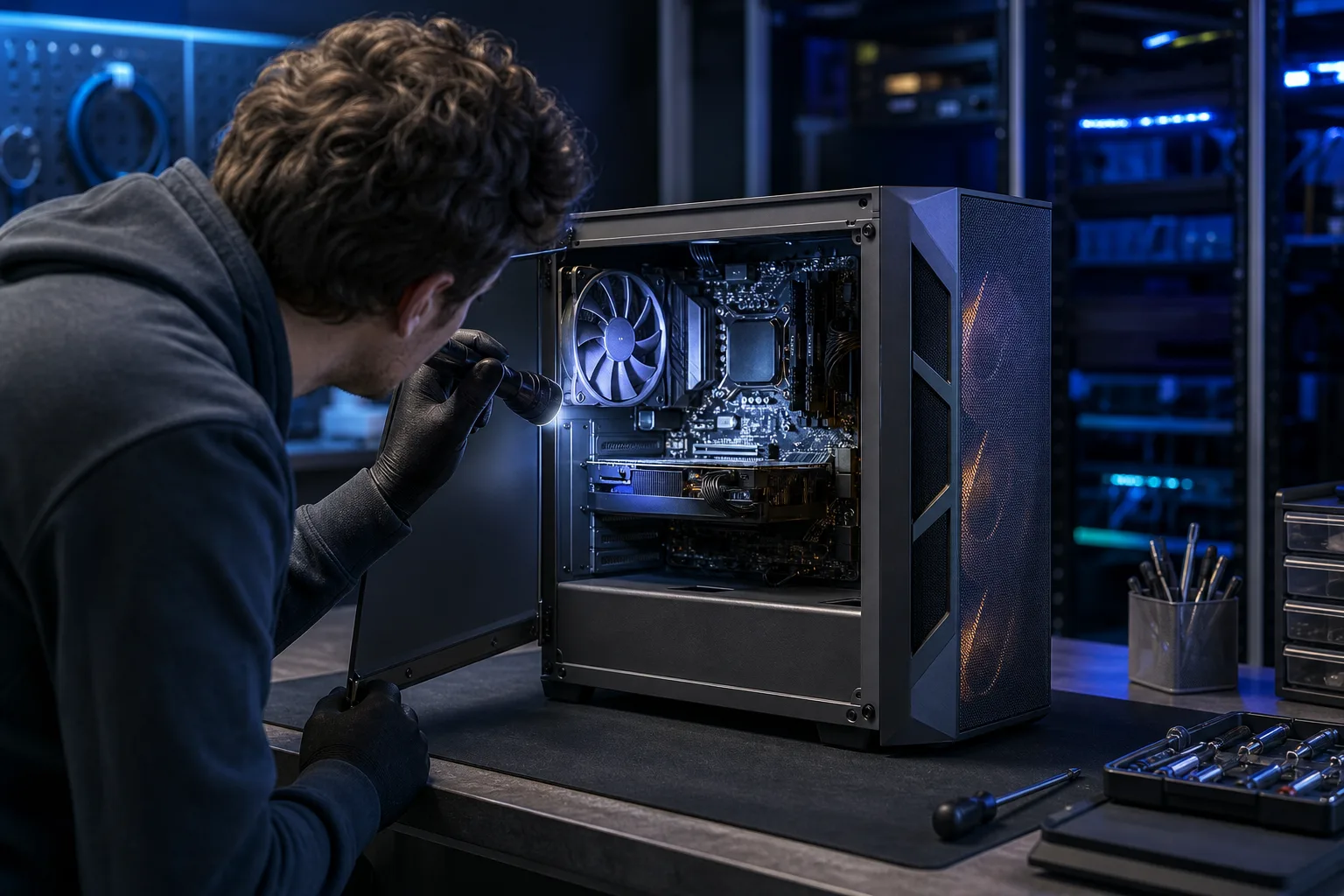 Person in black gloves shining flashlight inside open desktop PC tower, inspecting motherboard and CPU cooler on workbench.