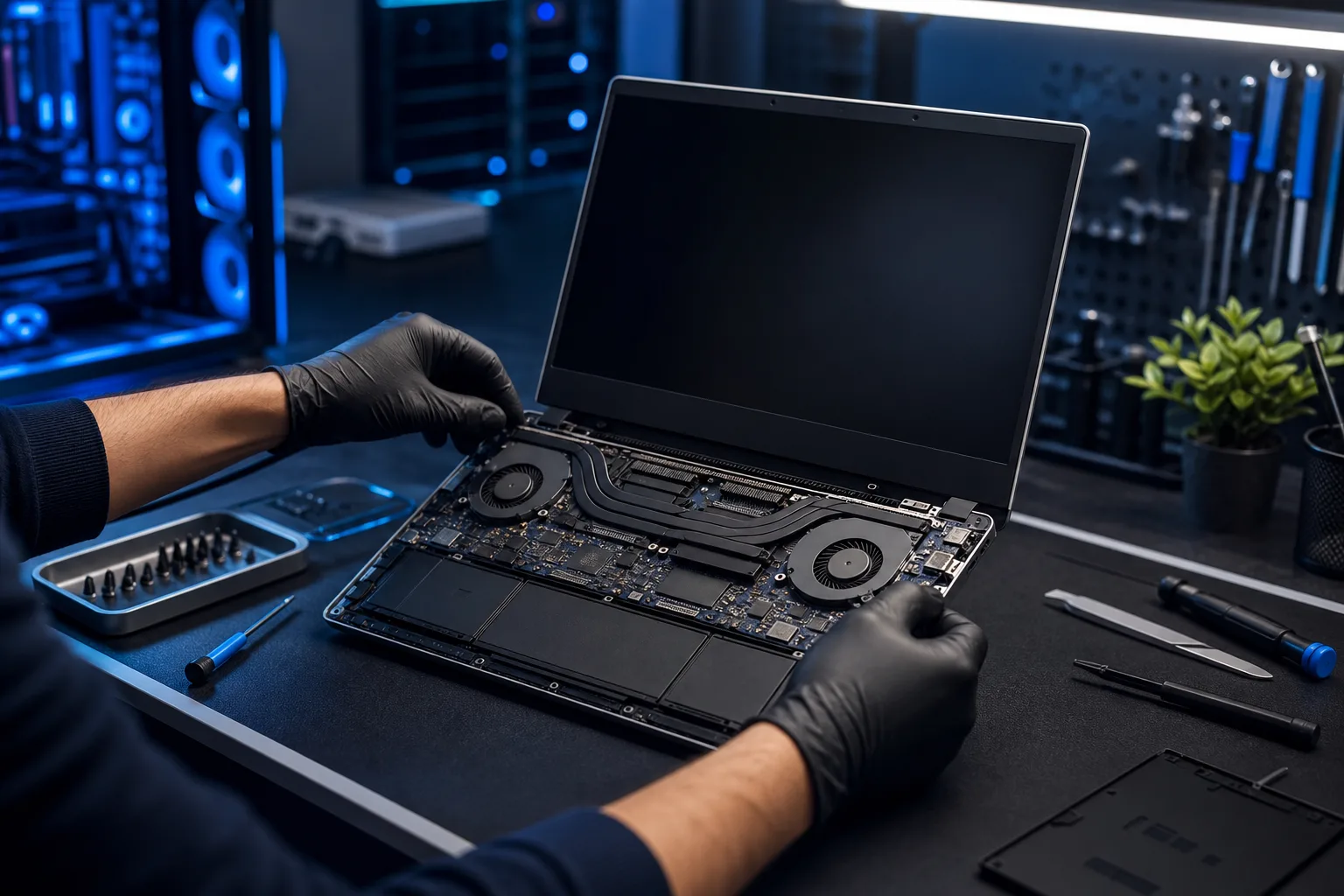 Gloved technician disassembles open laptop exposing motherboard, cooling fans, and heat pipes on a dark repair shop workbench.