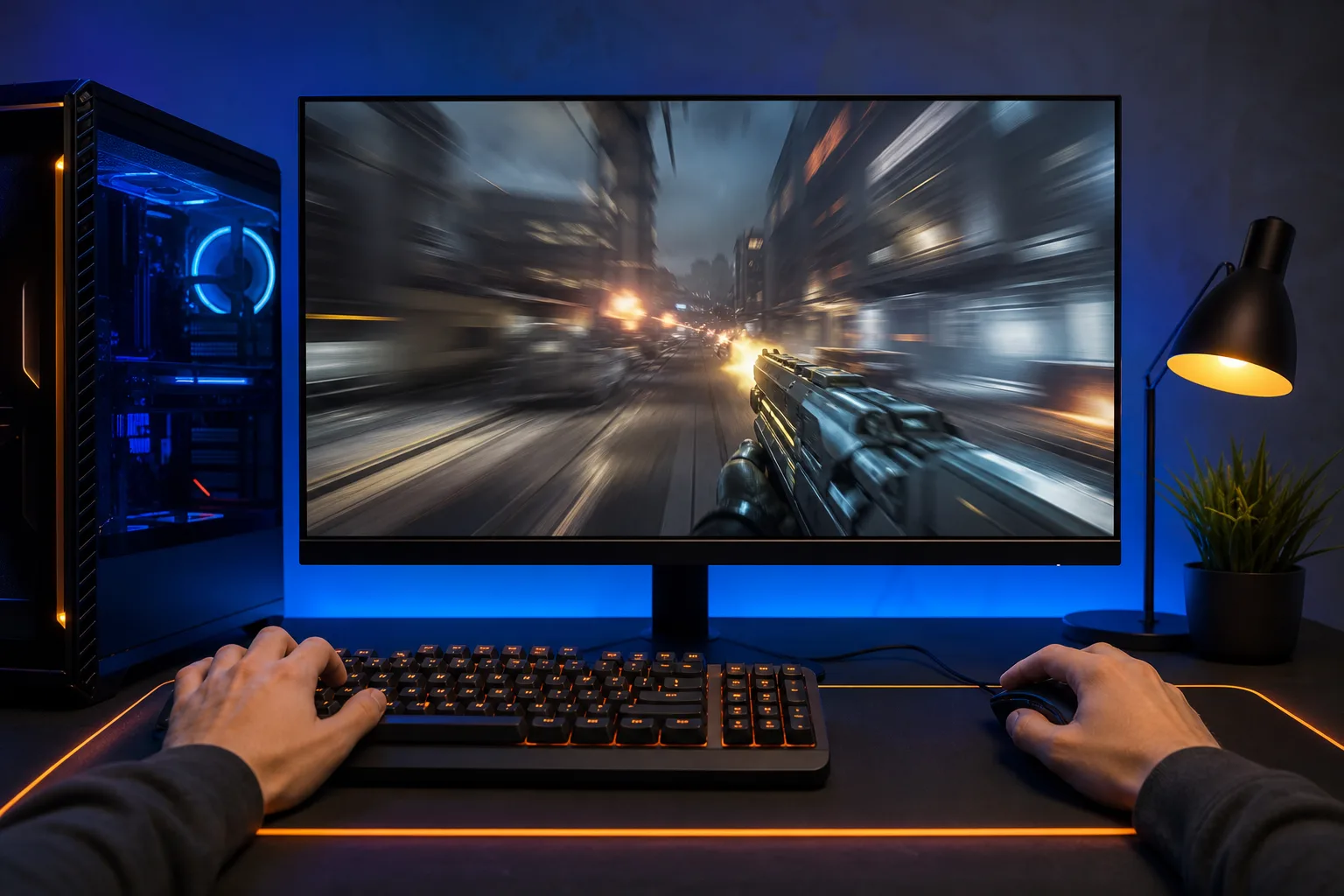 Manos de un gamer sobre un teclado y mouse con iluminación naranja; el monitor muestra un juego de FPS con desenfoque de movimiento, en una configuración de PC gamer iluminada de azul