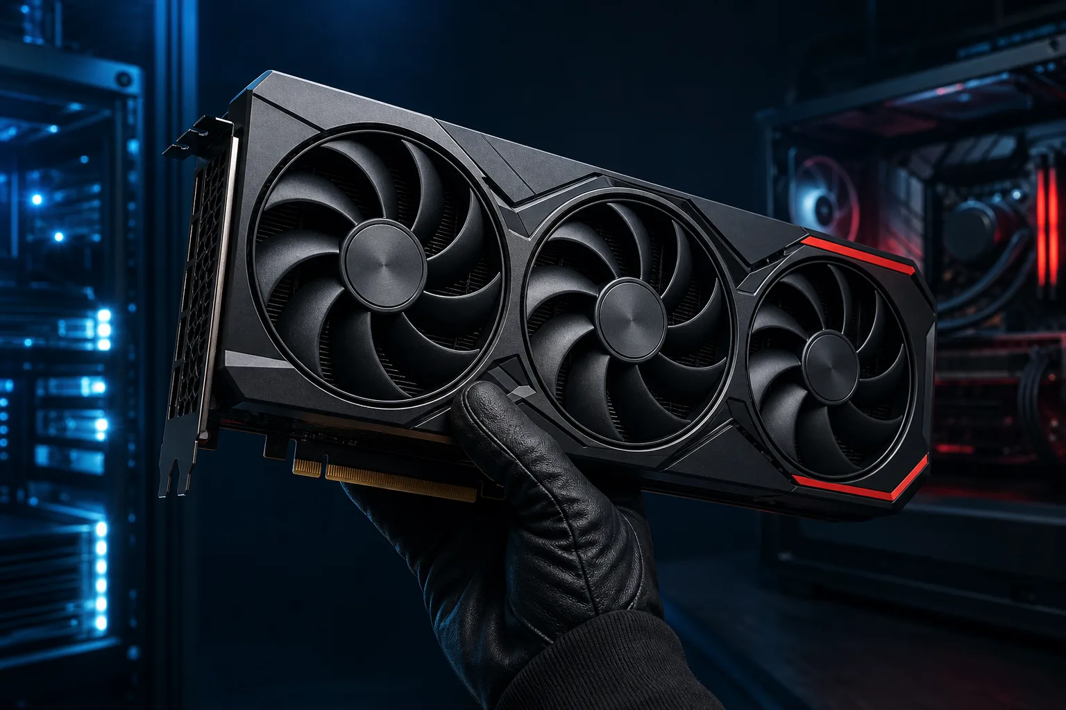 A gloved hand holds a triple-fan black GPU with red accents against a dark blue PC background.