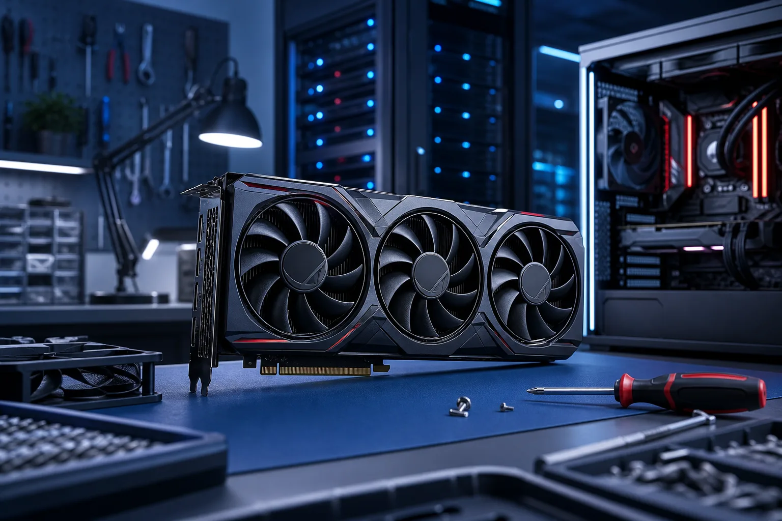 Triple-fan graphics card on a blue workbench in a dark PC workshop, with screwdriver, screws, and an open PC case in background.