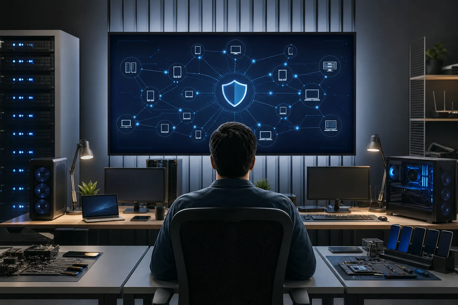 Profesional de TI visto desde atrás en un escritorio tecnológico, observando una pantalla grande que muestra un diagrama de escudo de red de ciberseguridad.