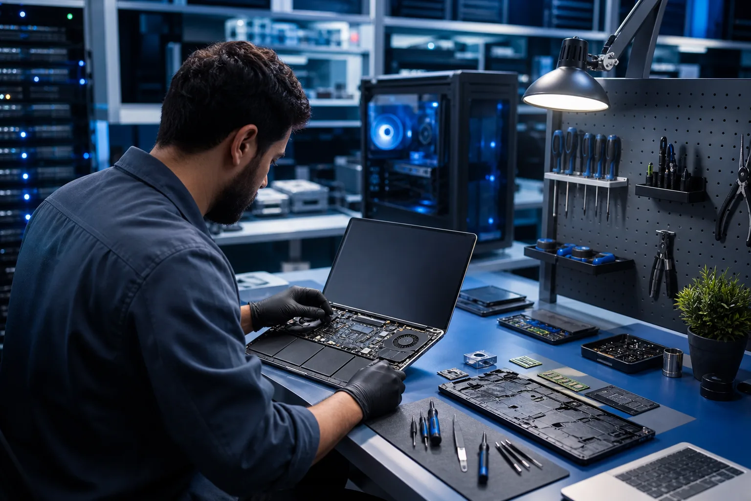Technician in black gloves repairs open laptop at blue-lit workshop bench with tools, components, and PC tower in background.