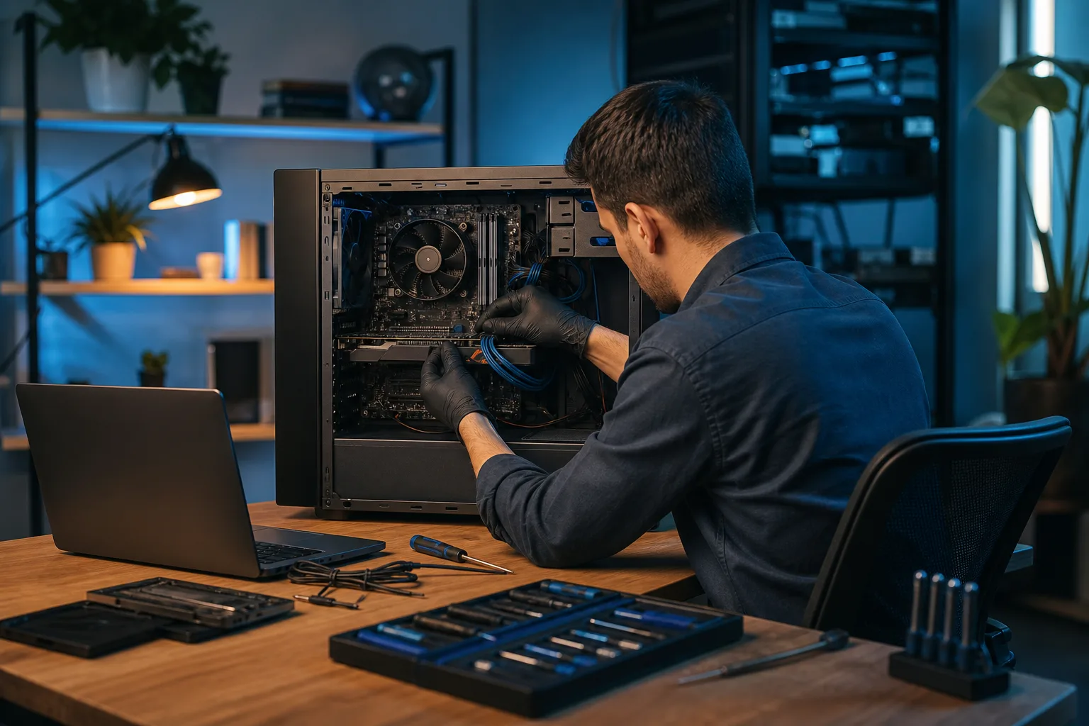 Technician in black gloves works inside open desktop PC tower at wooden desk with laptop and screwdriver set nearby