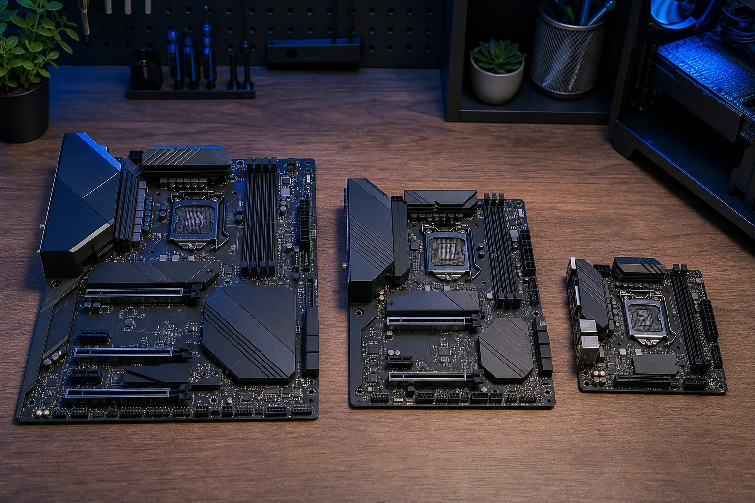 Three black motherboards of decreasing size (ATX, Micro-ATX, Mini-ITX) laid side by side on a dark wooden workbench