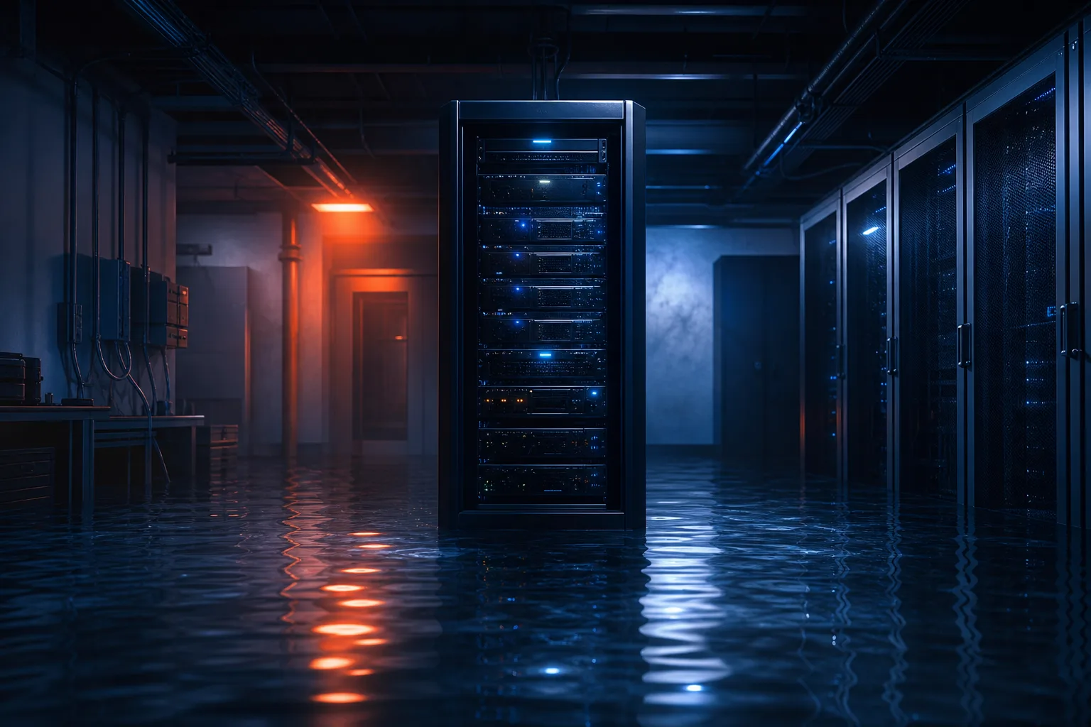 Flooded dark server room with a lit rack-mount server cabinet standing in water, orange emergency lights reflected on surface