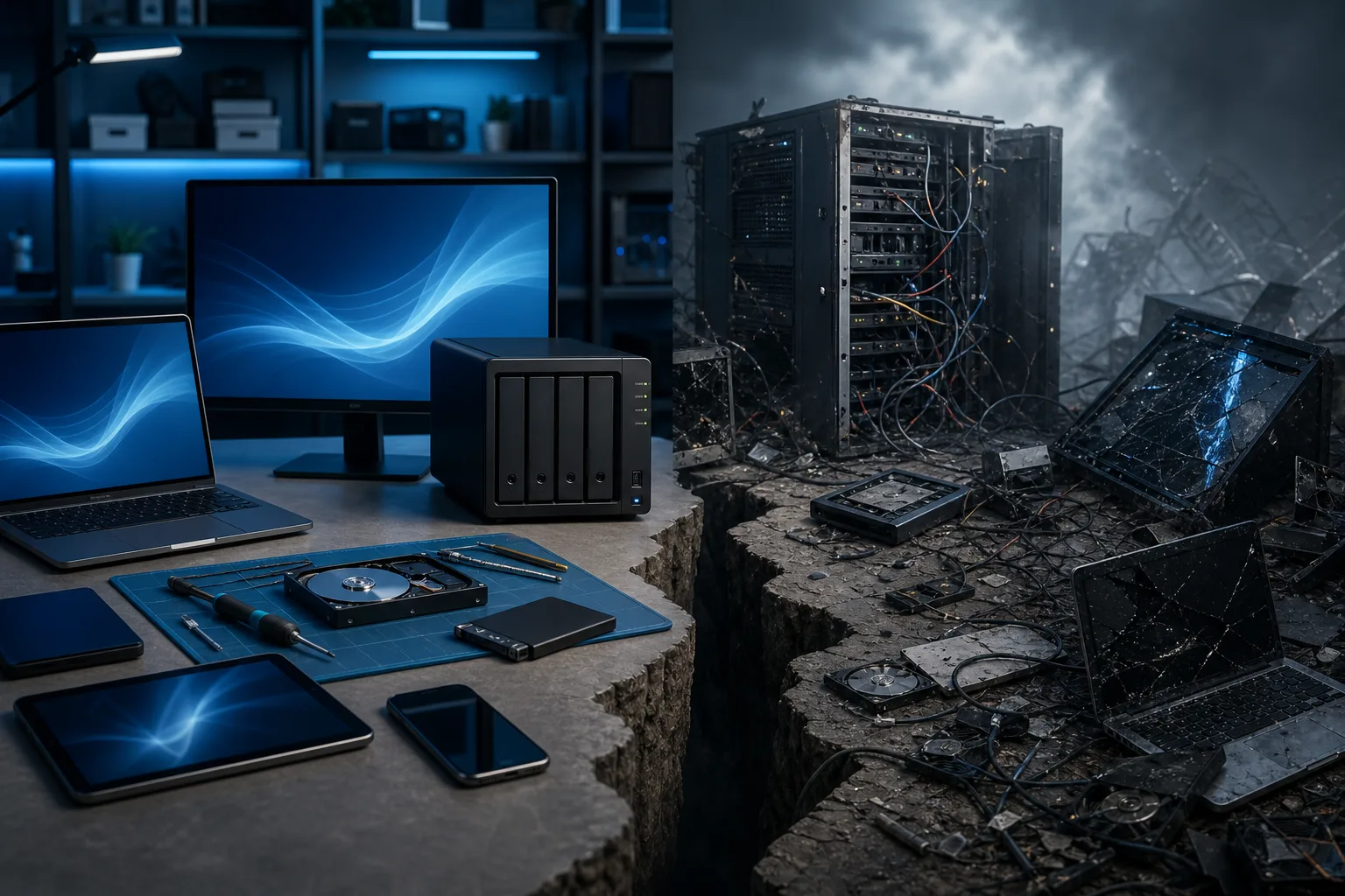 Split image: left shows organized NAS, laptops, monitors, hard drives on a desk; right shows destroyed servers and broken devices in ruins Split image: left shows organized NAS, laptops, monitors, hard drives on a desk; right shows destroyed servers and broken devices in ruins