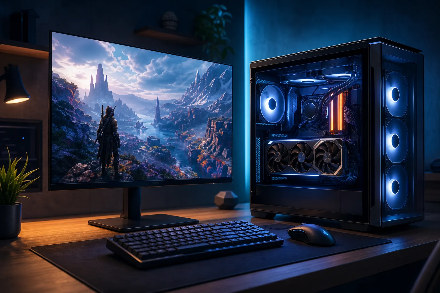 Gaming PC with blue RGB lighting and visible triple-fan GPU beside a monitor showing a fantasy landscape with a warrior figure.