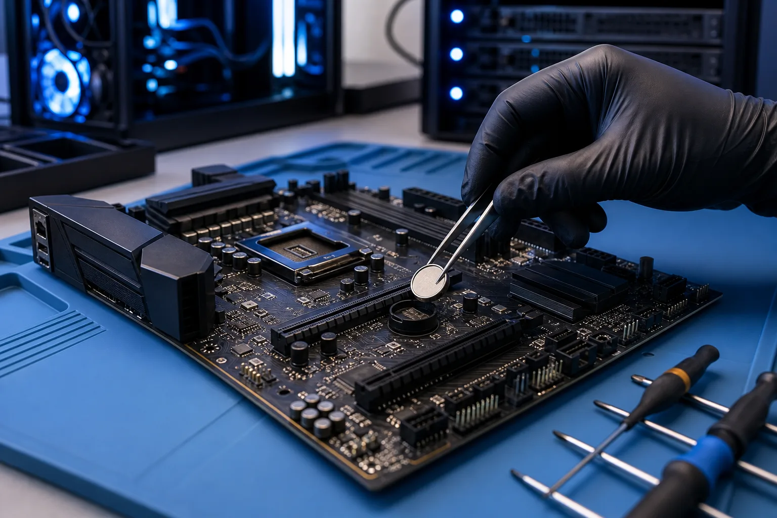 Gloved hand using tweezers to remove a coin cell CMOS battery from a dark motherboard on a blue anti-static mat.