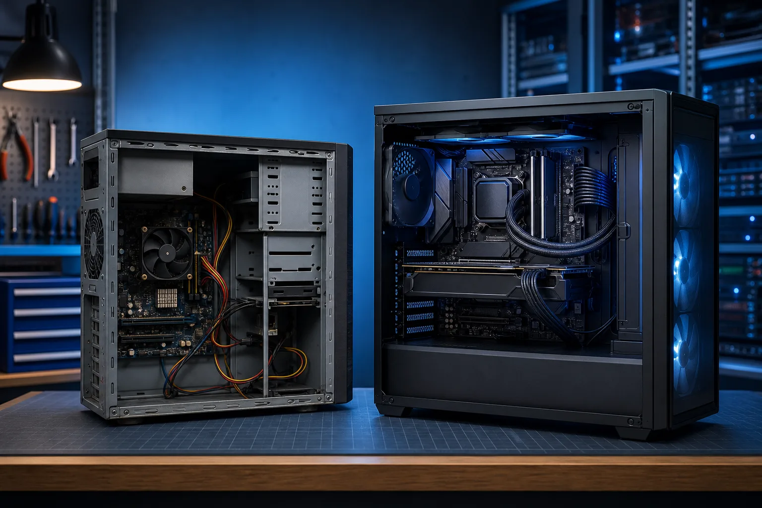 Two open desktop PC cases on a workbench: left is a sparse older tower with loose cables; right is a modern RGB liquid-cooled build.