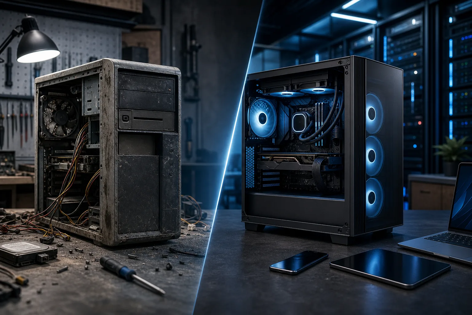 Split image: dusty, worn old PC tower on messy workbench vs. sleek modern RGB gaming PC on clean dark desk.