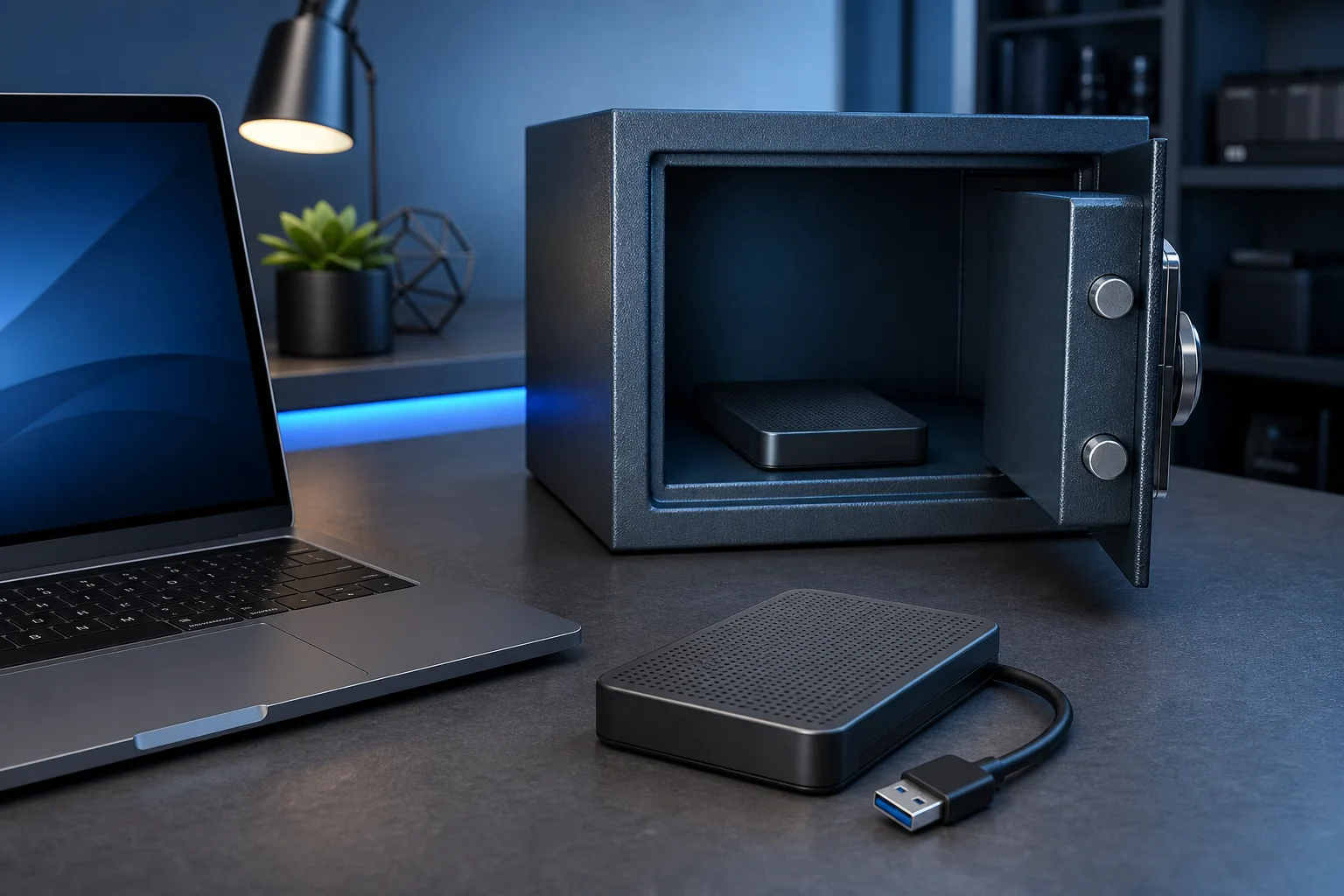 Caja fuerte ignífuga abierta sobre un escritorio con un disco duro externo y otra unidad conectada por USB junto a una laptop