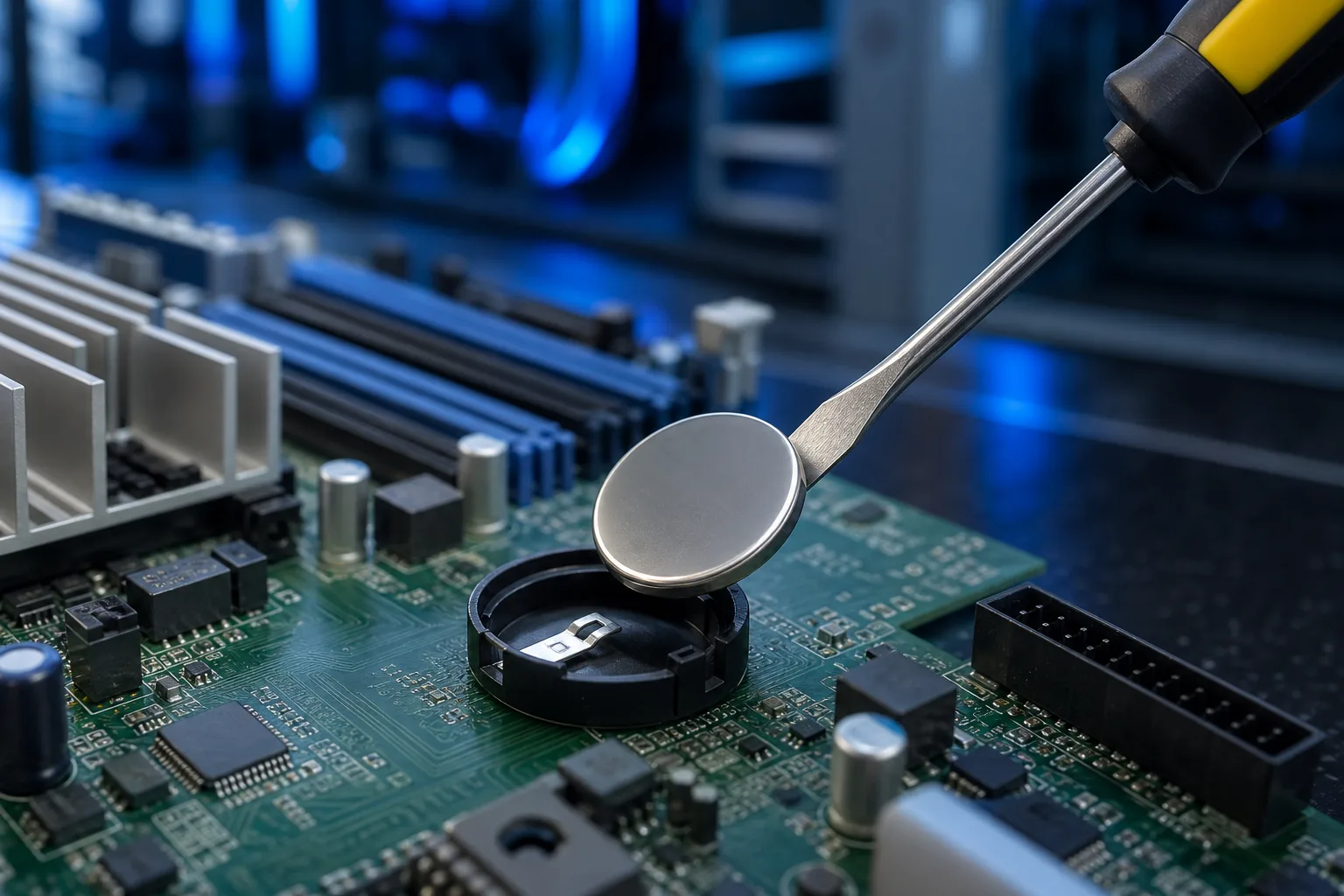 Flat-head screwdriver prying a CR2032 coin-cell battery from its holder on a green motherboard with blue lighting.