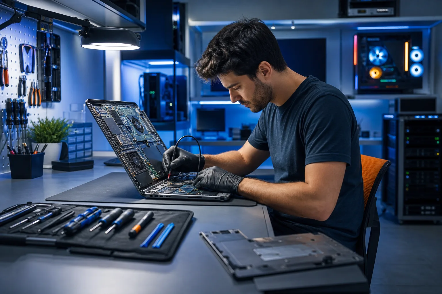 Technician in black gloves repairs open disassembled laptop at a blue-lit workbench with tools and pegboard in background