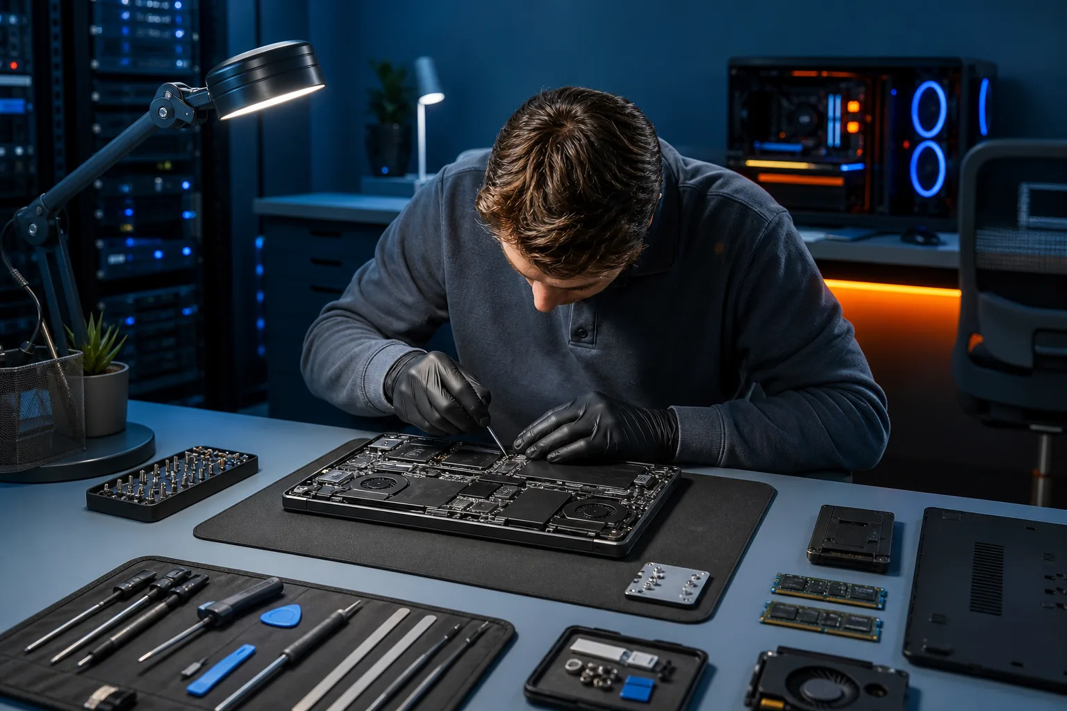 Technician in black gloves repairs open laptop internals at a blue-lit workbench with screwdrivers, RAM, and SSDs nearby.