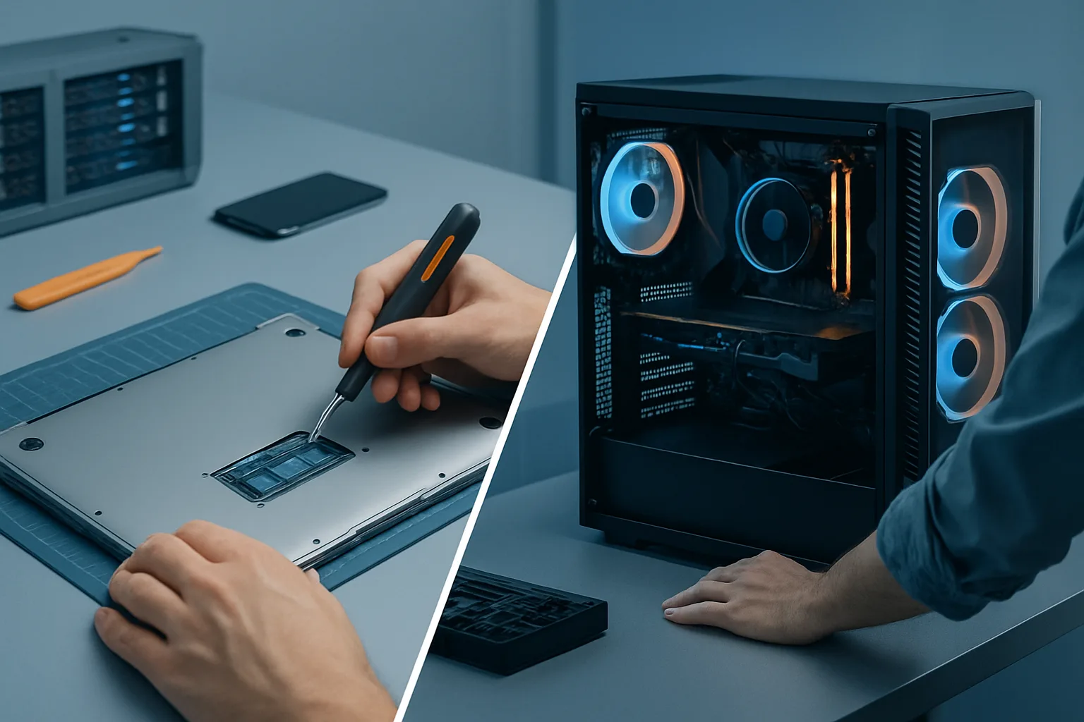 Split image: left shows hands using screwdriver on laptop bottom panel; right shows RGB gaming PC tower with glass side panel.