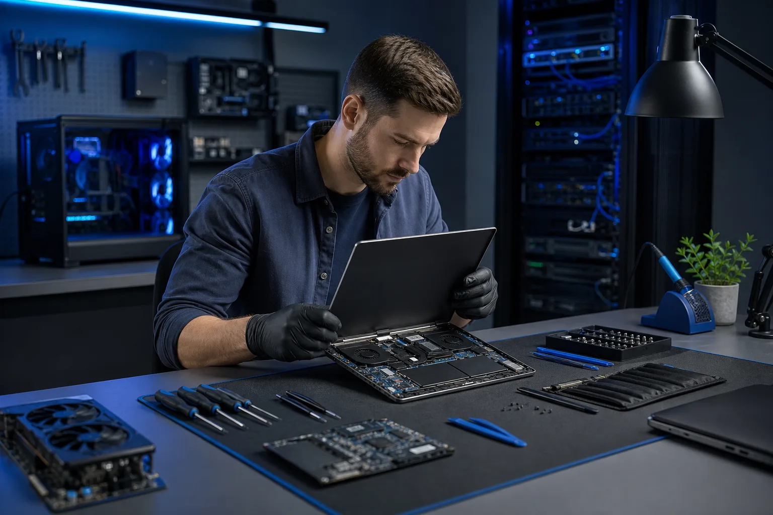 Technician in black gloves examines open laptop internals at a dark workbench with screwdrivers, tweezers, and PCB components