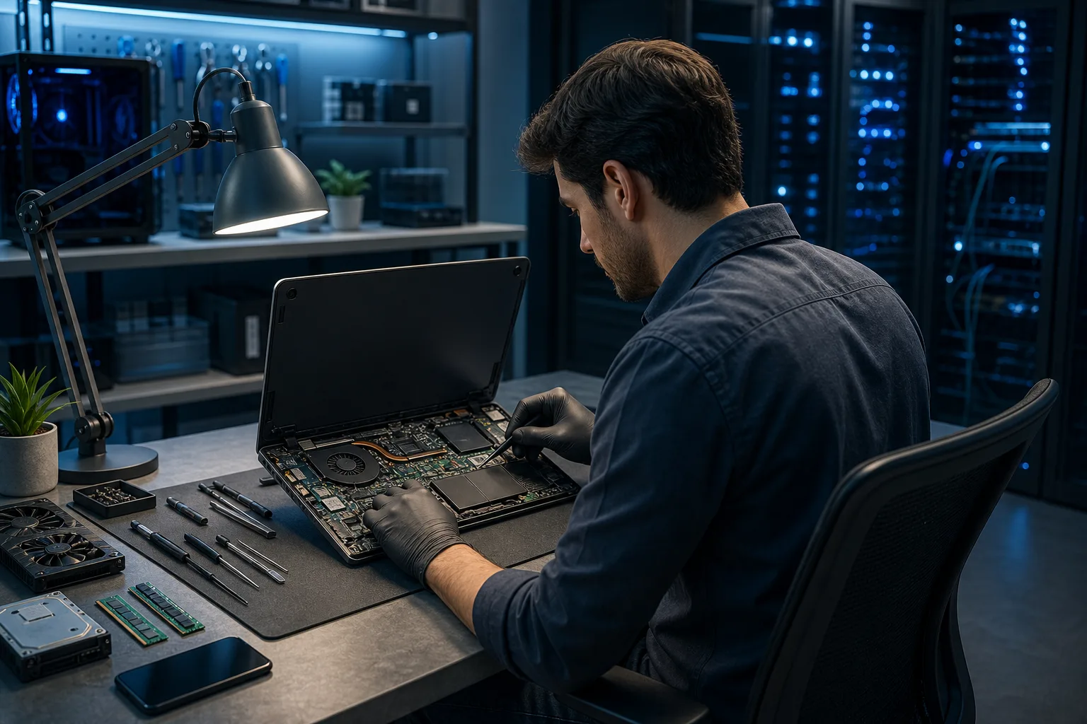 Technician in black gloves repairs open laptop on dark workbench with tools, RAM, and drives laid out nearby.