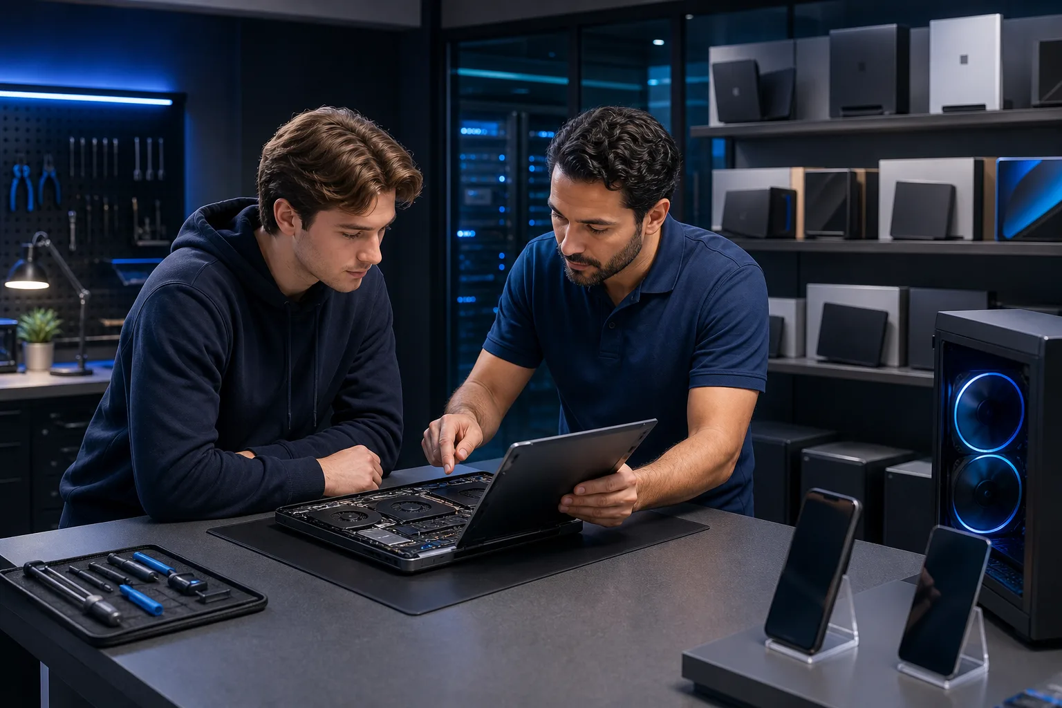 Two men lean over an open disassembled laptop on a dark counter in a tech repair shop with tools and devices nearby.