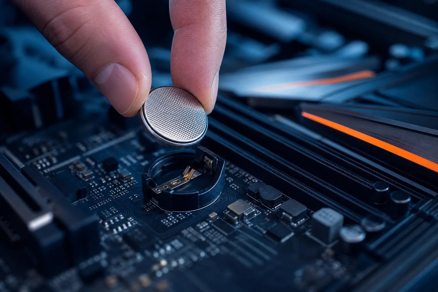 Fingertips removing a CR2032 coin cell CMOS battery from its socket on a dark gaming motherboard with orange accents.