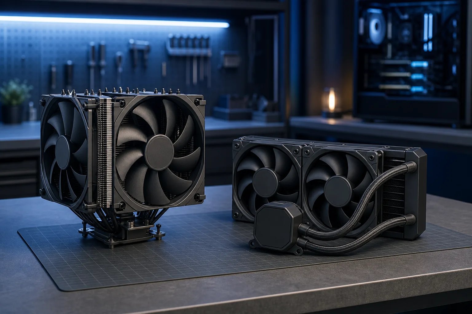Dual-tower air cooler with twin fans beside a 240mm AIO liquid cooler with pump head and braided tubes on a dark workbench
