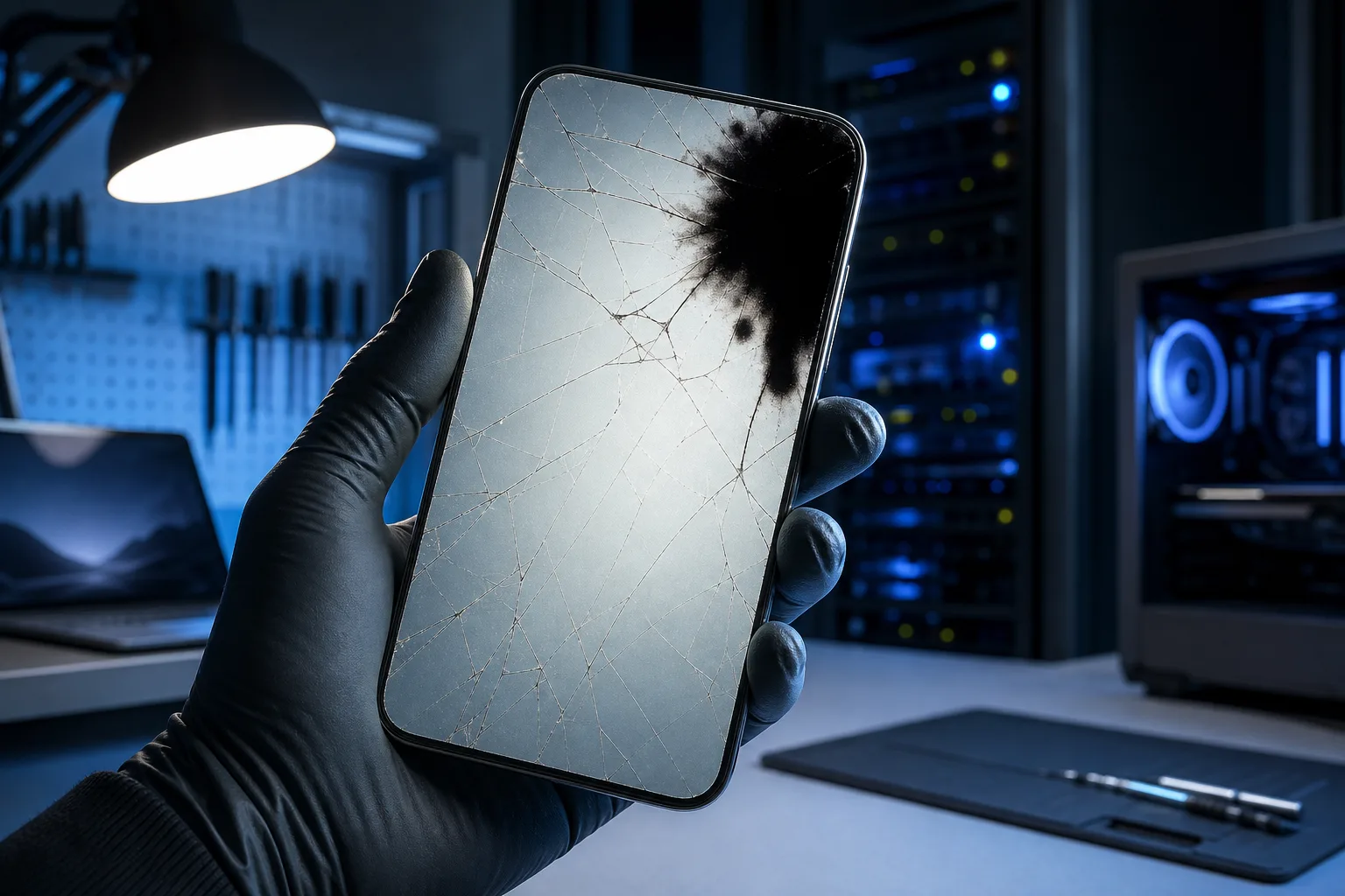 Gloved hand holds a cracked smartphone with spiderweb fractures and a dark blotch on the screen in a dim lab setting.