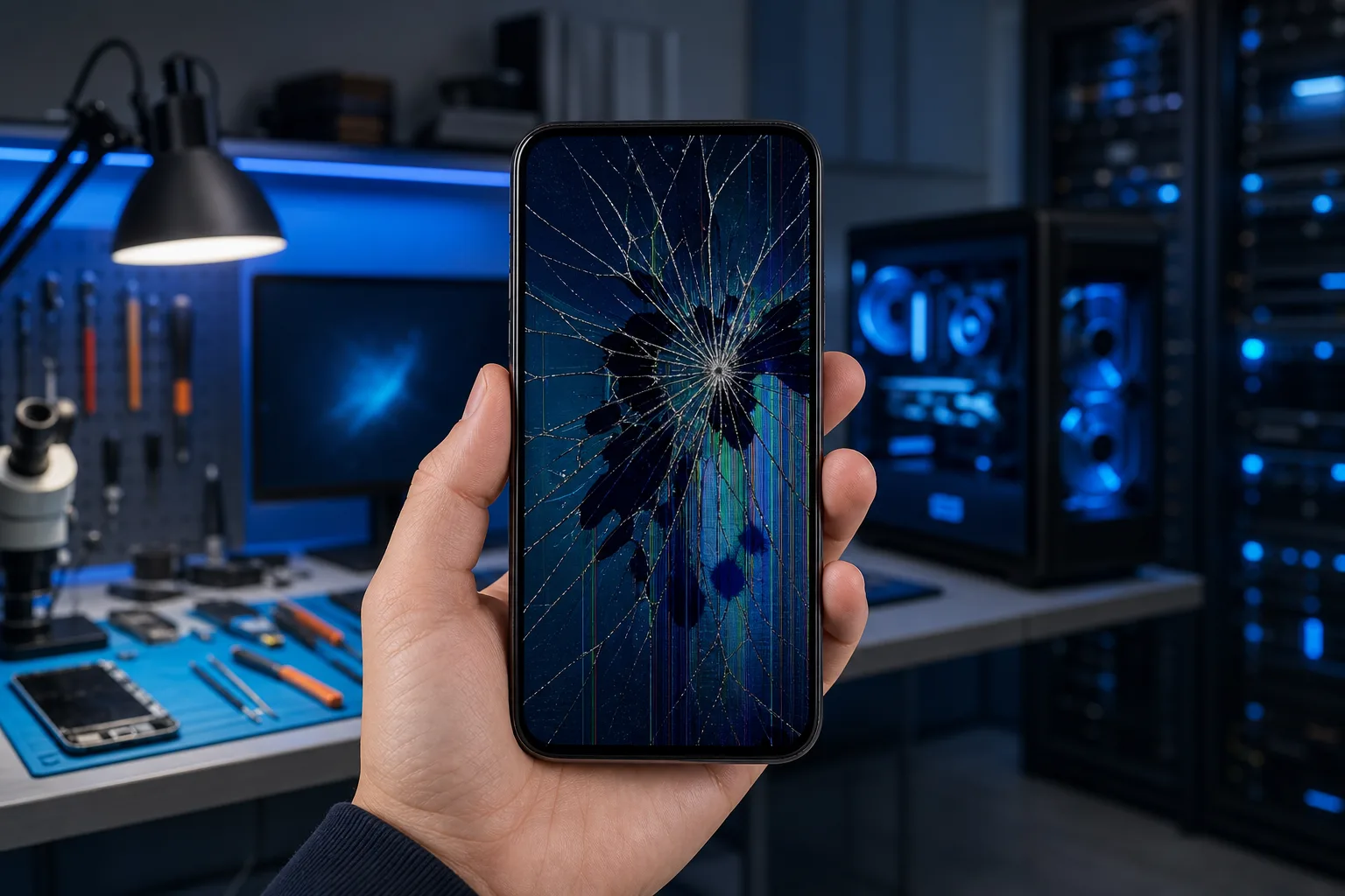 Hand holding a smartphone with severely cracked spiderweb-pattern screen, dark display with color distortion, repair shop background