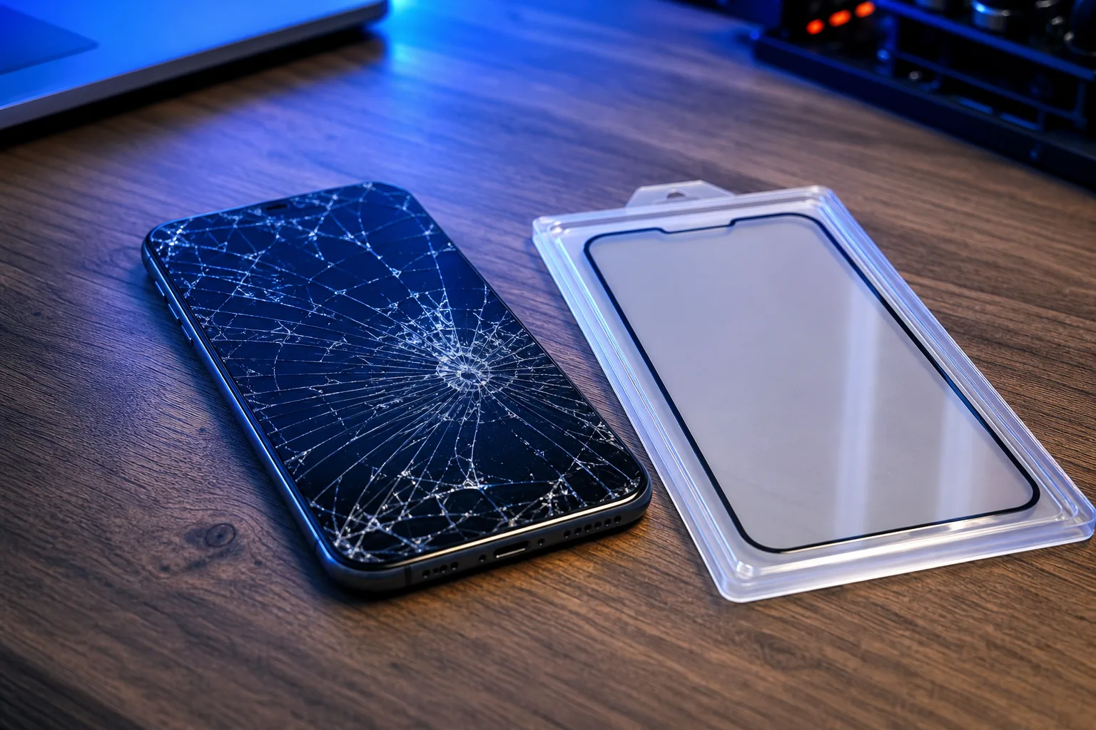 Shattered iPhone face-up on wooden desk beside a new tempered glass screen protector in plastic tray, blue ambient lighting.