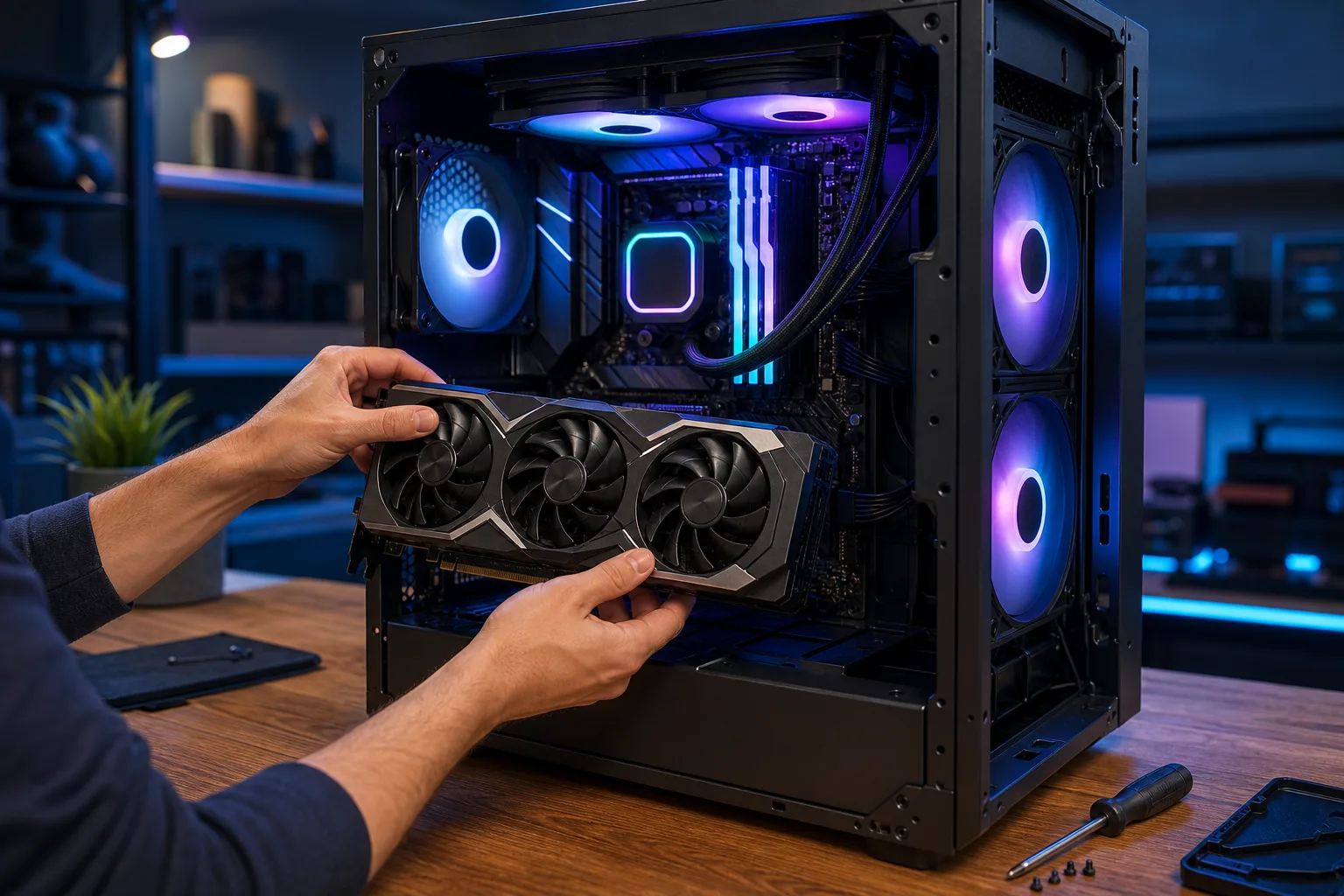 Hands installing a triple-fan GPU into an open RGB gaming PC tower case on a wooden desk, screwdriver nearby.